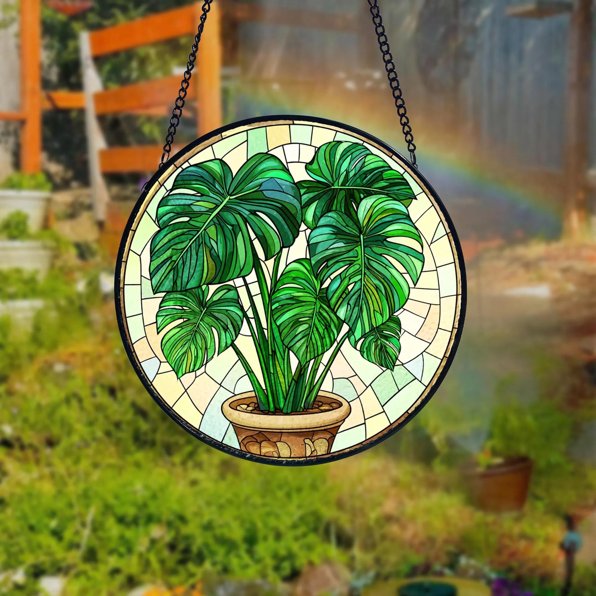 Handmade Stained Glass Monstera Suncatcher_ Botanical Window Hanging, Handcrafted Stained Glass Suncatcher, Vibrant Window Art Panel, Sunlit Light Catcher Decoration, Boho Room Decor, Gift for Home Lovers