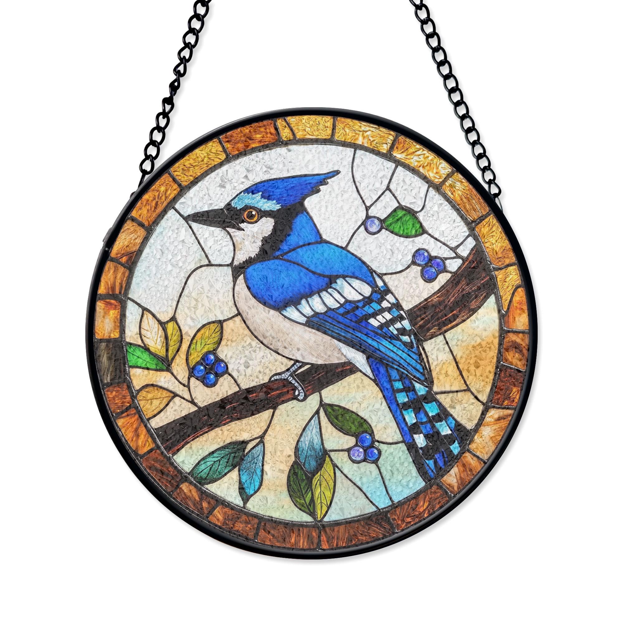 Blue Jay Stained Glass Suncatcher, Vibrant Bird Art for Window, Nature Theme Decor, Birdwatcher Gift, Wildlife Lover Present,bird Lover Gift, Acrylic Hanging Sun Catcher for Windows, Stained Glass Look Decor, Artistic Home Accent