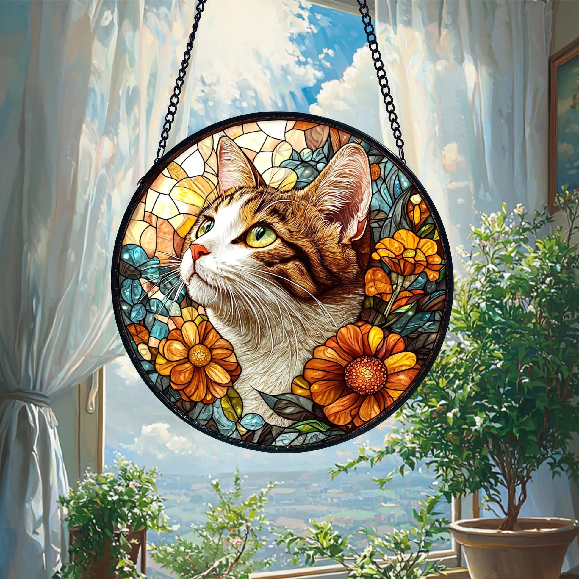 Tabby Cat Stained Glass Suncatcher_ Feline Window Decor, Decorative Stained Glass Style Suncatcher, Acrylic Window Art Panel, Sun Catcher Hanging Ornament, Unique Home Accent, andmade Home Decoration