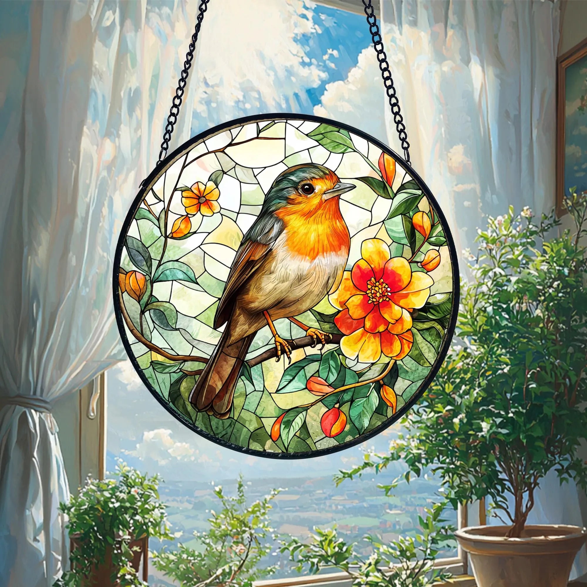Robin Bird Stained Glass Suncatcher_ Floral Window Hanging, Artistic Stained Glass Acrylic Panel, Window Light Catcher Hanging, Colorful Home Decor Accent, Handmade Gift for Any Occasion