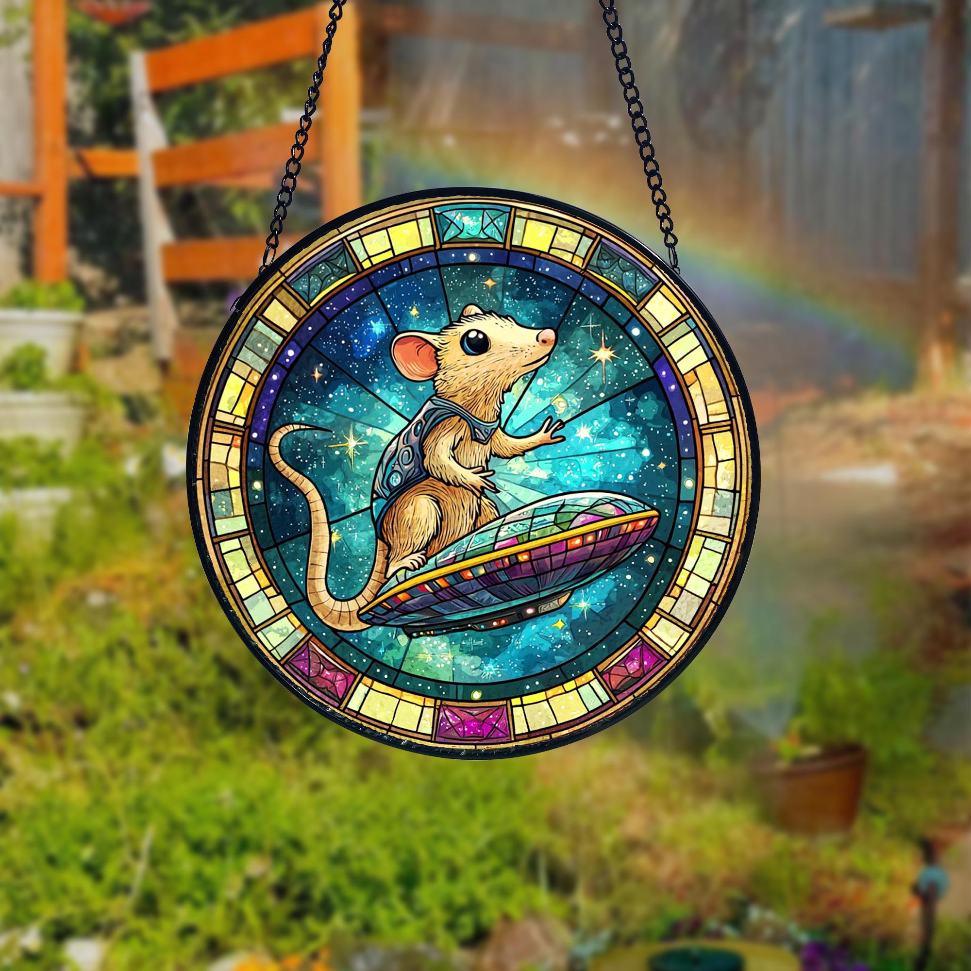 UFO Abduction Opossum Stained Glass Suncatcher_ Funny Alien Decor, Decorative Stained Glass Style Suncatcher, Acrylic Window Art Panel, Sun Catcher Hanging Ornament, Unique Home Accent, andmade Home Decoration