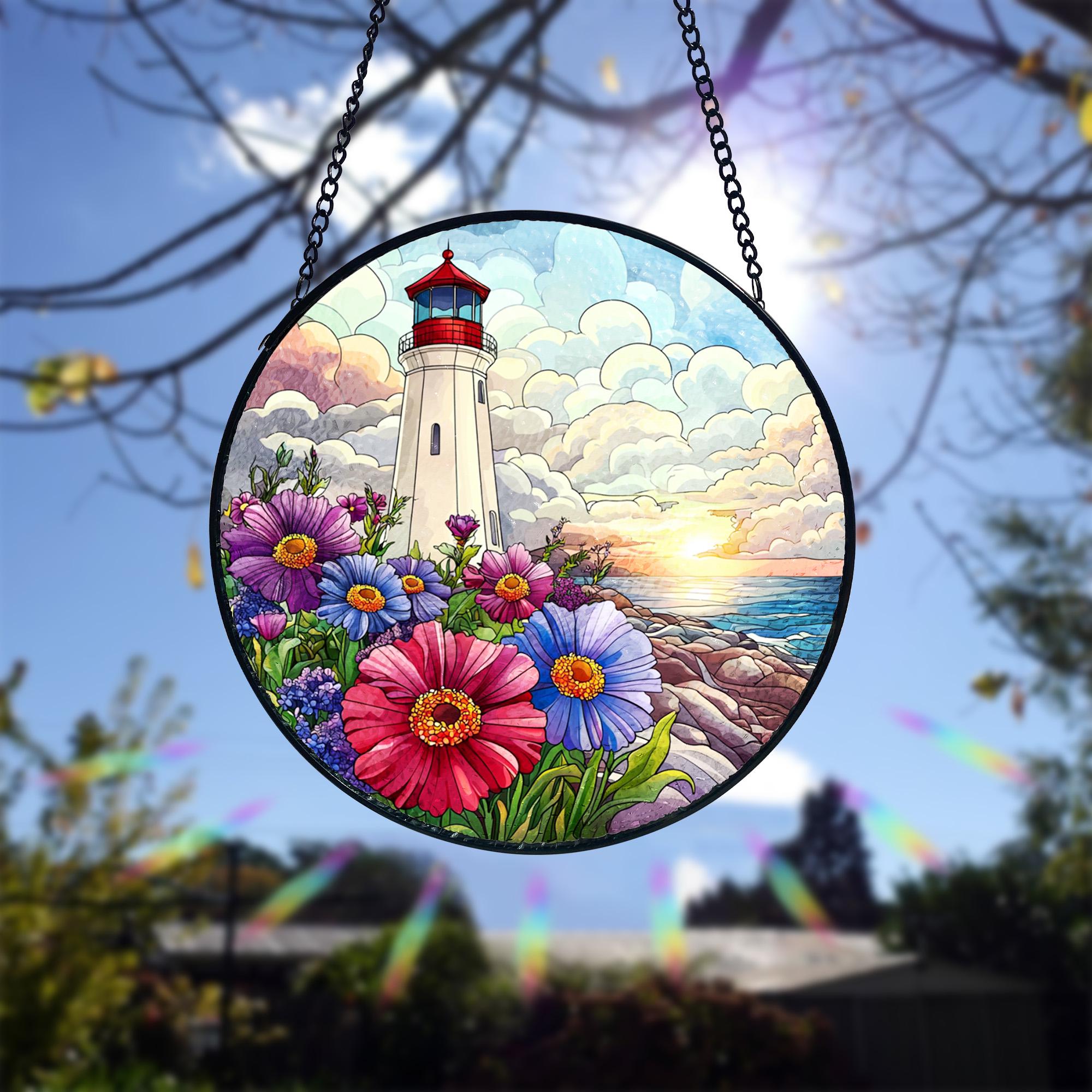 Lighthouse Stained Glass Suncatcher_ Coastal Window Hanging, Acrylic Stained Glass Window Art, Handmade Sun Catcher Hanging Decor, Colorful Light Reflecting Panel, Unique Gift for Home