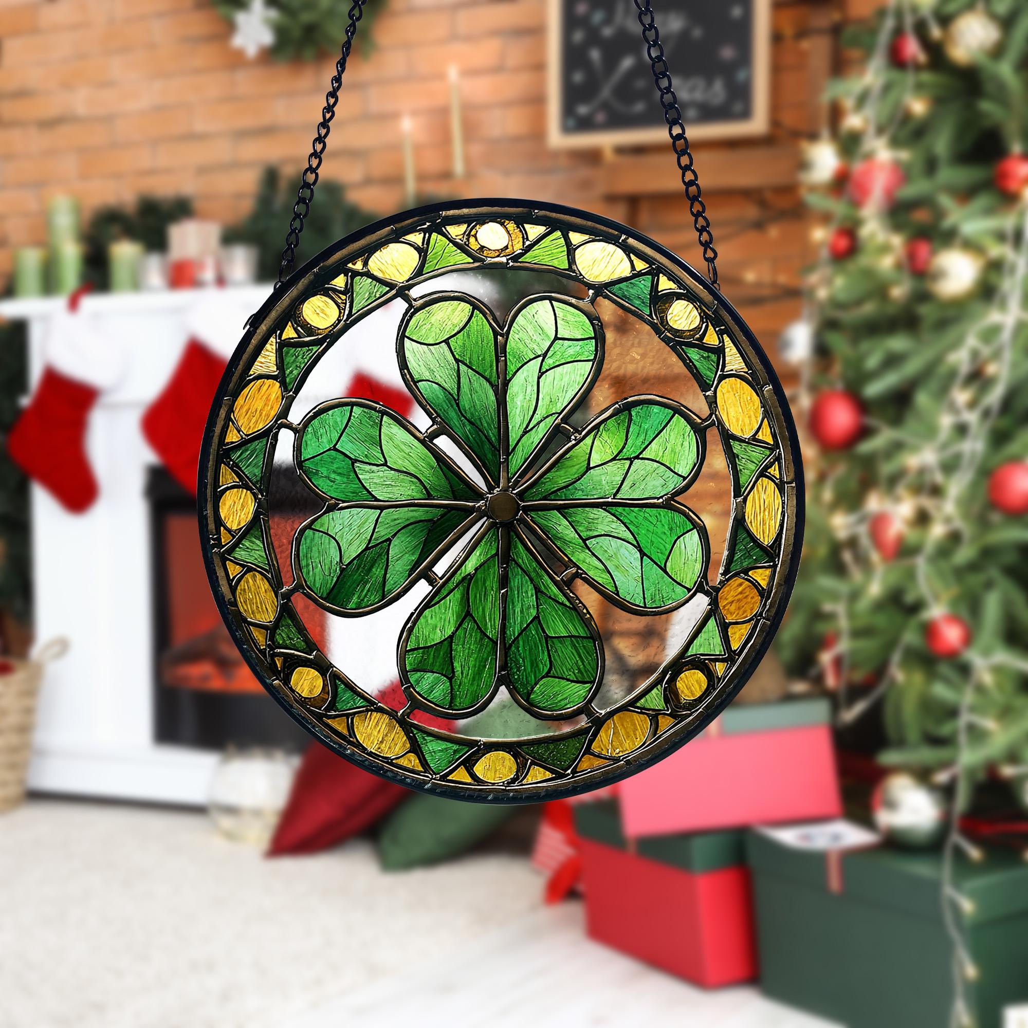 Shamrock Stained Glass Suncatcher_ Irish Ornament, St. Patrick's Day Decor, Artistic Stained Glass Acrylic Panel, Window Light Catcher Hanging, Colorful Home Decor Accent, Handmade Gift for Any Occasion