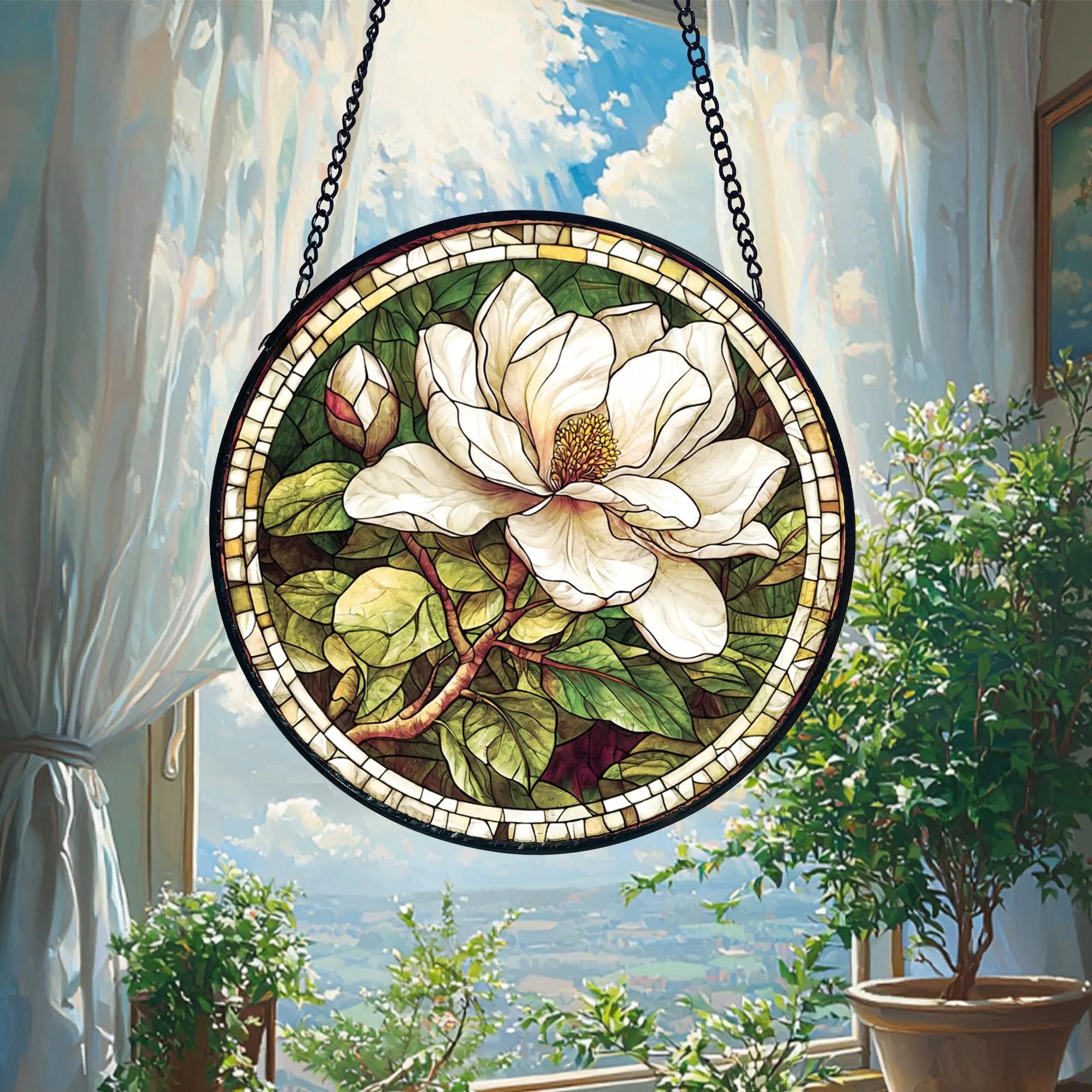 White Magnolia Stained Glass Suncatcher_ Handmade Floral Window Hanging, Decorative Stained Glass Style Suncatcher, Acrylic Window Art Panel, Sun Catcher Hanging Ornament, Unique Home Accent, andmade Home Decoration