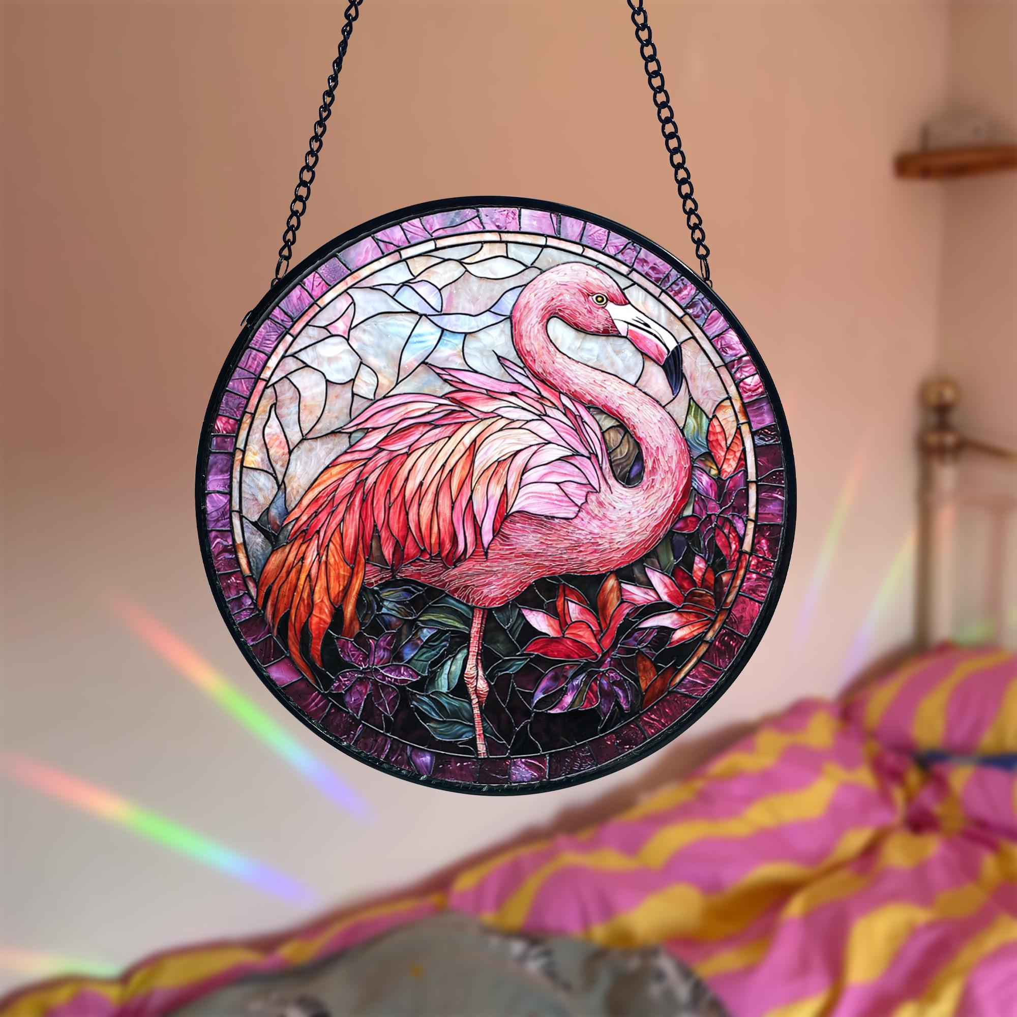 Handcrafted Pink Flamingo Stained Glass Suncatcher_ Tropical Home Decor, Stained Glass Style Window Hanging Colorful Sun Catcher Ornament, Boho Window Decoration, Unique Gift