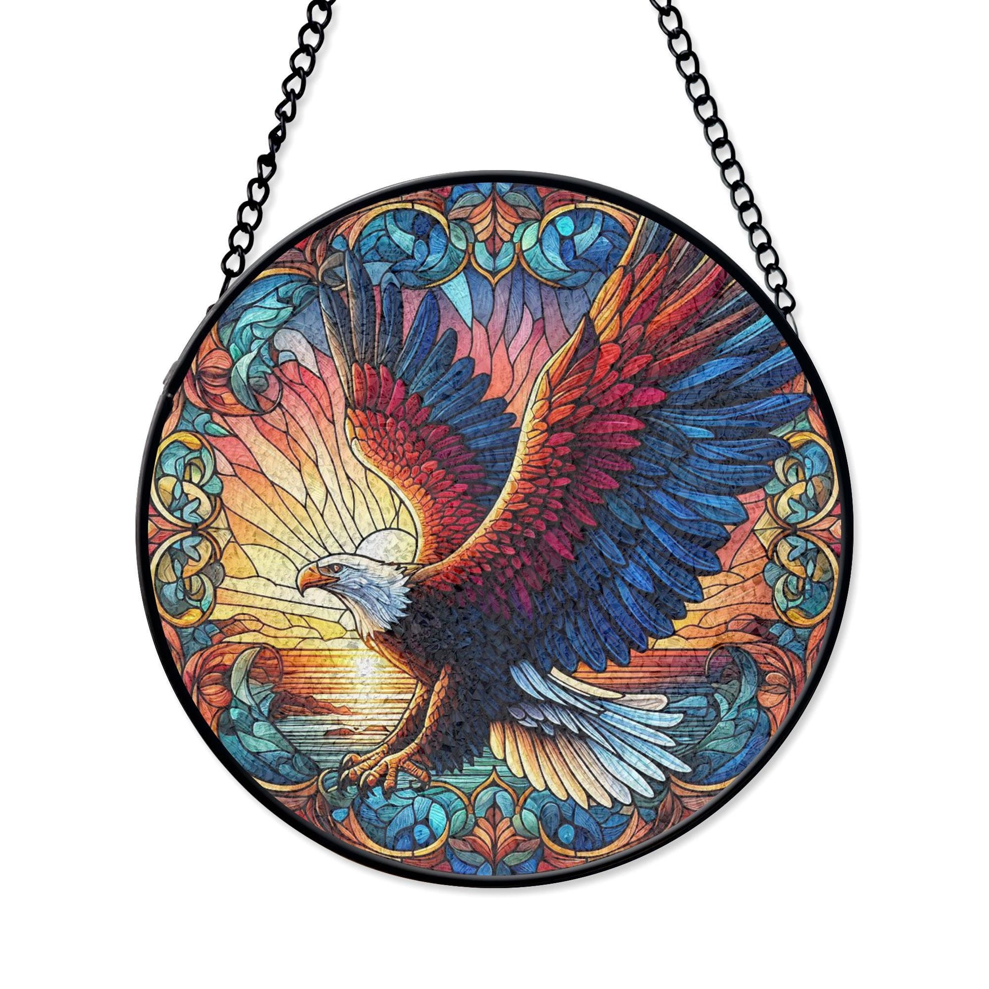 Bald Eagle Stained Glass Suncatcher, Vibrant Patriotic Decor, Independence Day Style, Dad Home Accent, Father’s Day Gift, Stained Glass Style Window Decor, Acrylic Hanging Suncatcher, Sunlit Light Catcher, Unique Artisan Gift