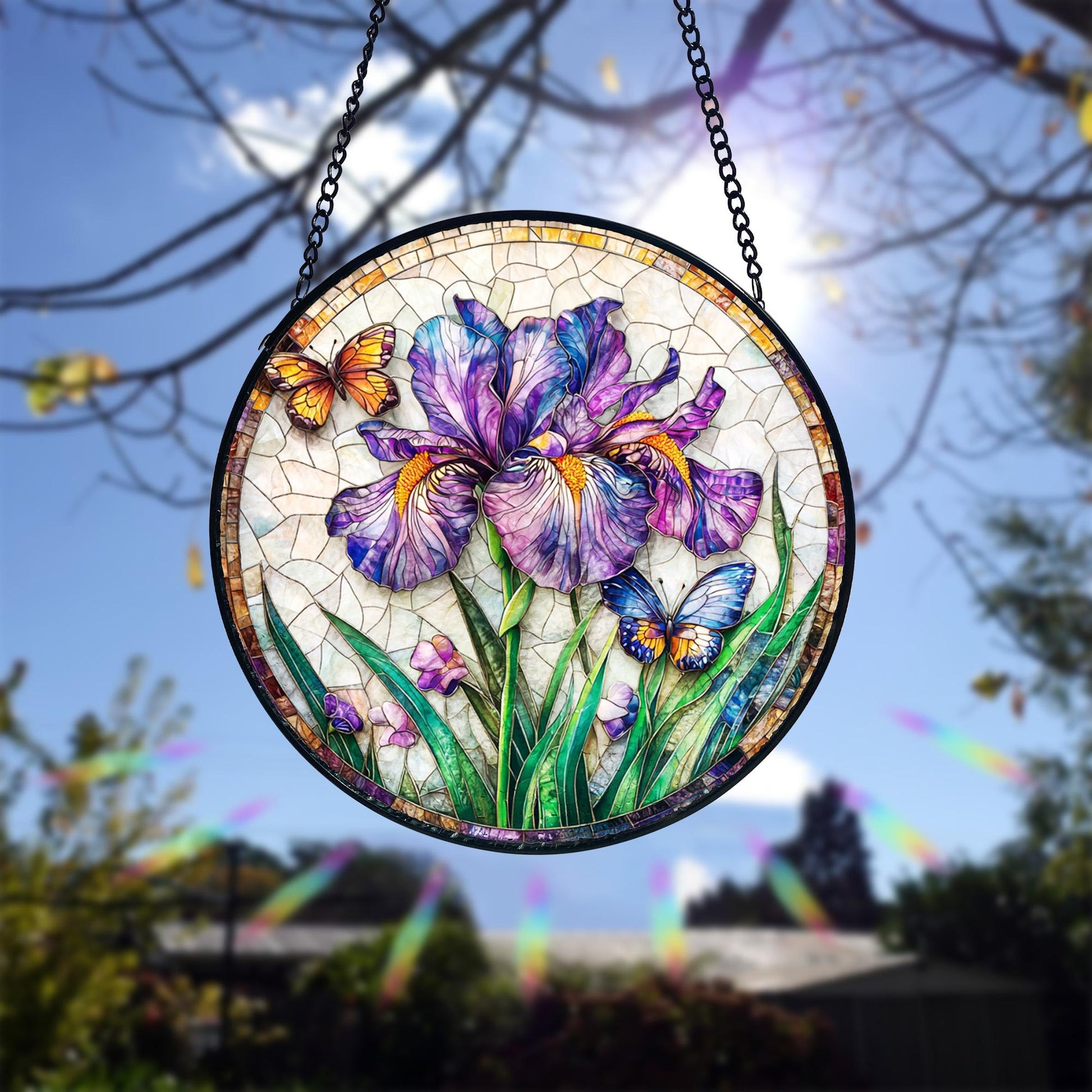 Handcrafted Purple Iris Stained Glass Suncatcher_ Floral Window Decor, Boho Window Decoration, Unique Gift