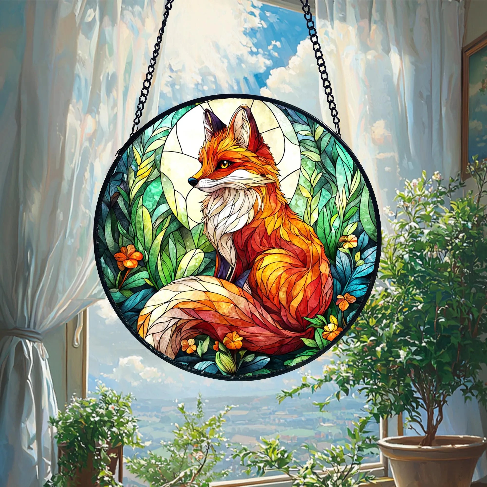 Fox Stained Glass Suncatcher_ Woodland Window Hanging Decor, Colorful Sun Catcher Ornament, Boho Window Decoration, Unique Gift