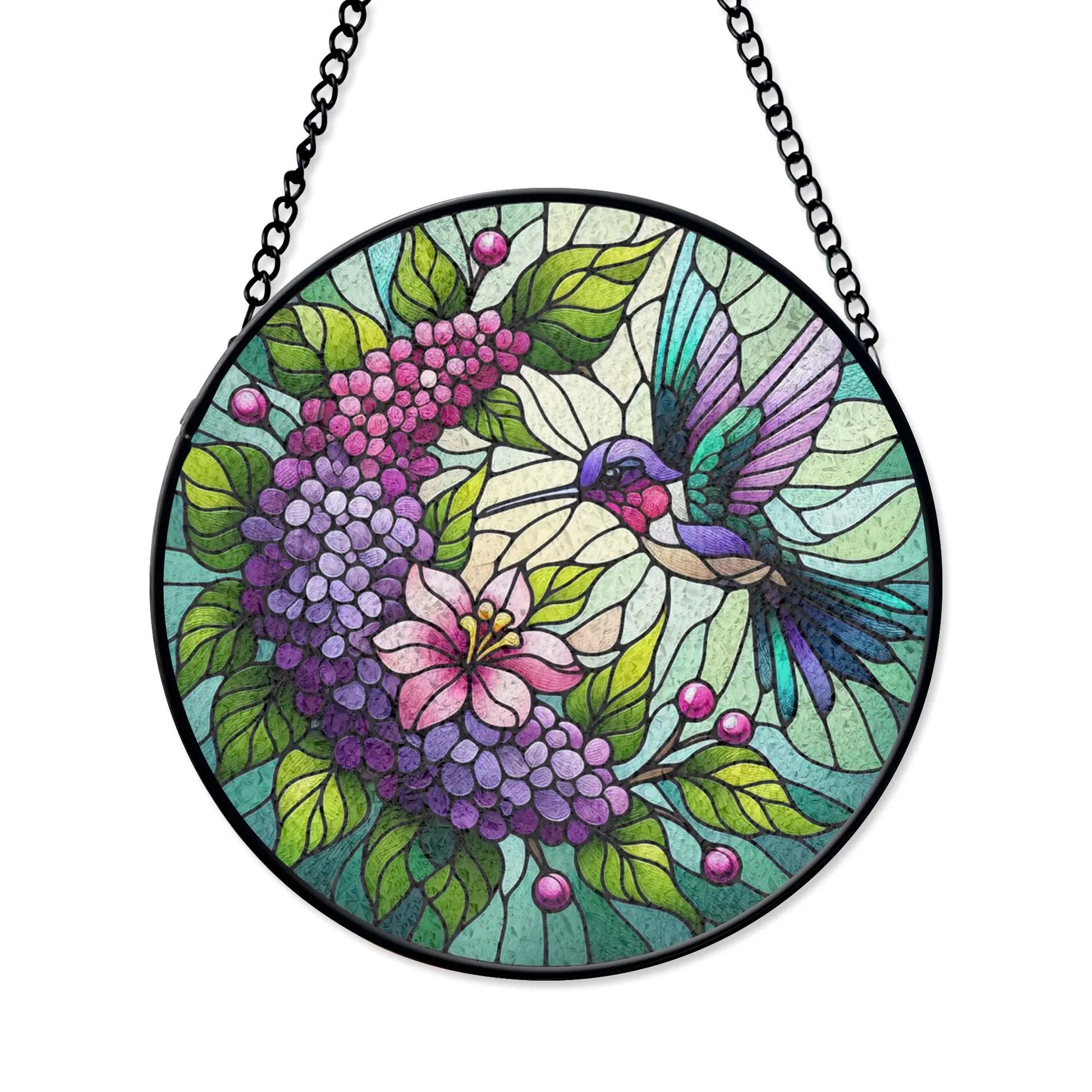 Hummingbird and Lilac Stained Glass Suncatcher, Floral Window Hanging, Nature Stained Glass Decor, Bird Lover Gift, Botanical Home Accent, Colorful Stained Glass Effect Suncatcher, Acrylic Window Hanging Art, Bright Home Accent, Gift for Home Lovers