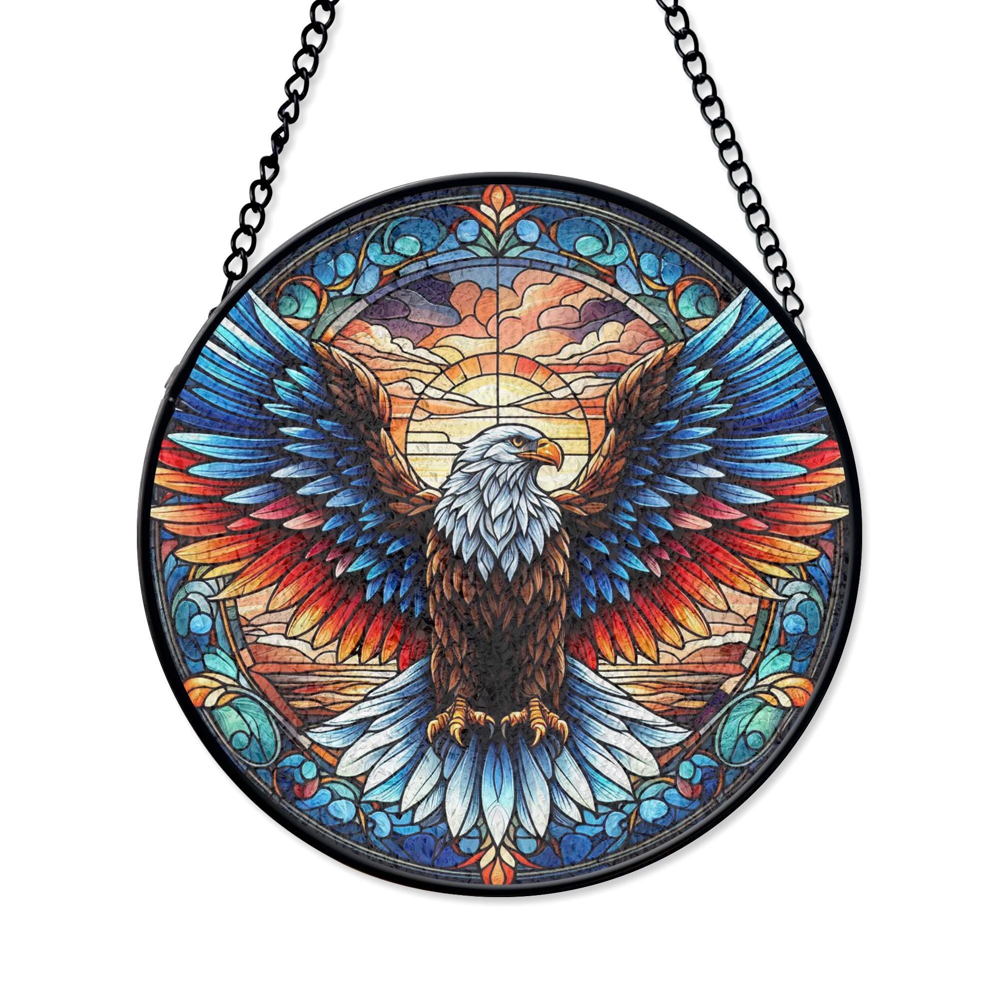 Bald Eagle Stained Glass Suncatcher, Patriotic Window Decor, Independence Day Style, Gift for Dad, Veterans, Freedom Lovers, Stained Glass Style Window Decor, Acrylic Hanging Suncatcher, Sunlit Light Catcher, Unique Artisan Gift