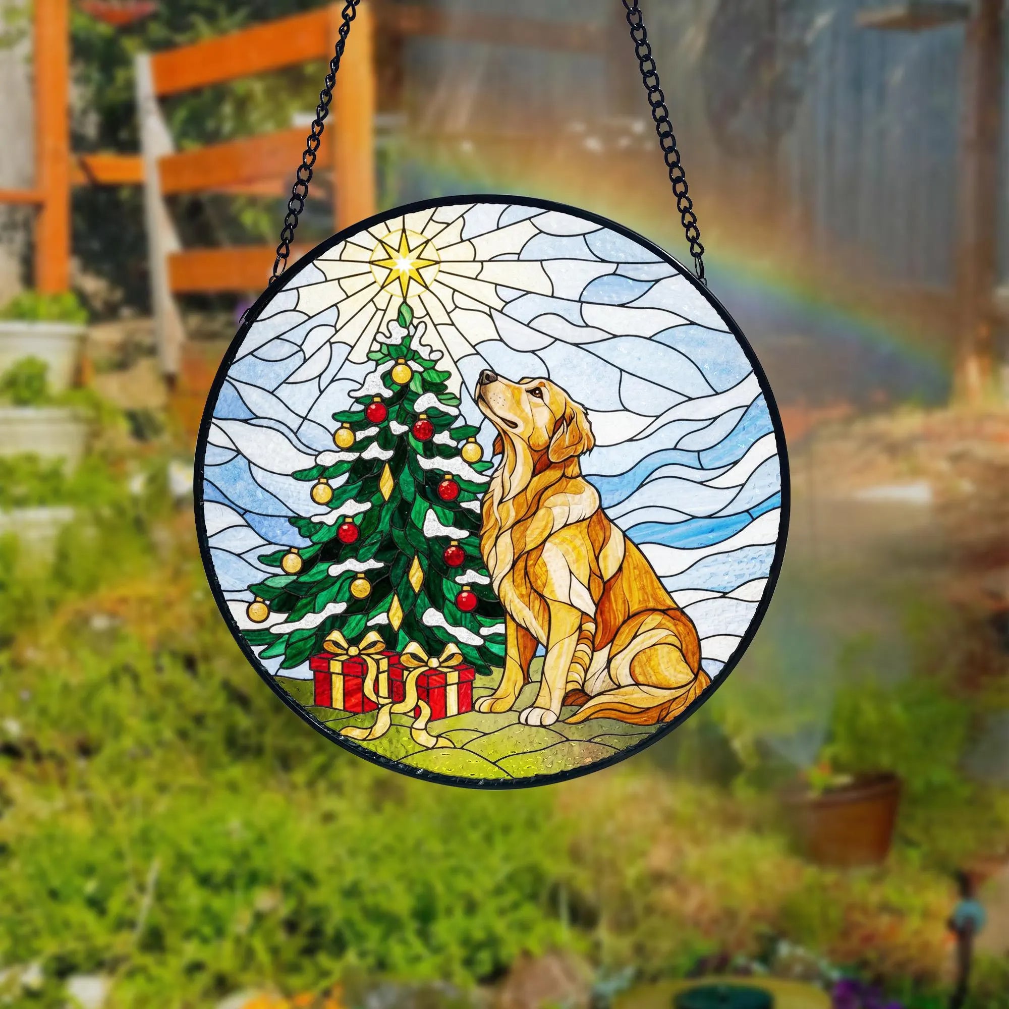 Golden Retriever Christmas Suncatcher_ Stained Glass Window Decor, Colorful Sun Catcher Ornament, Boho Window Decoration, Unique Gift