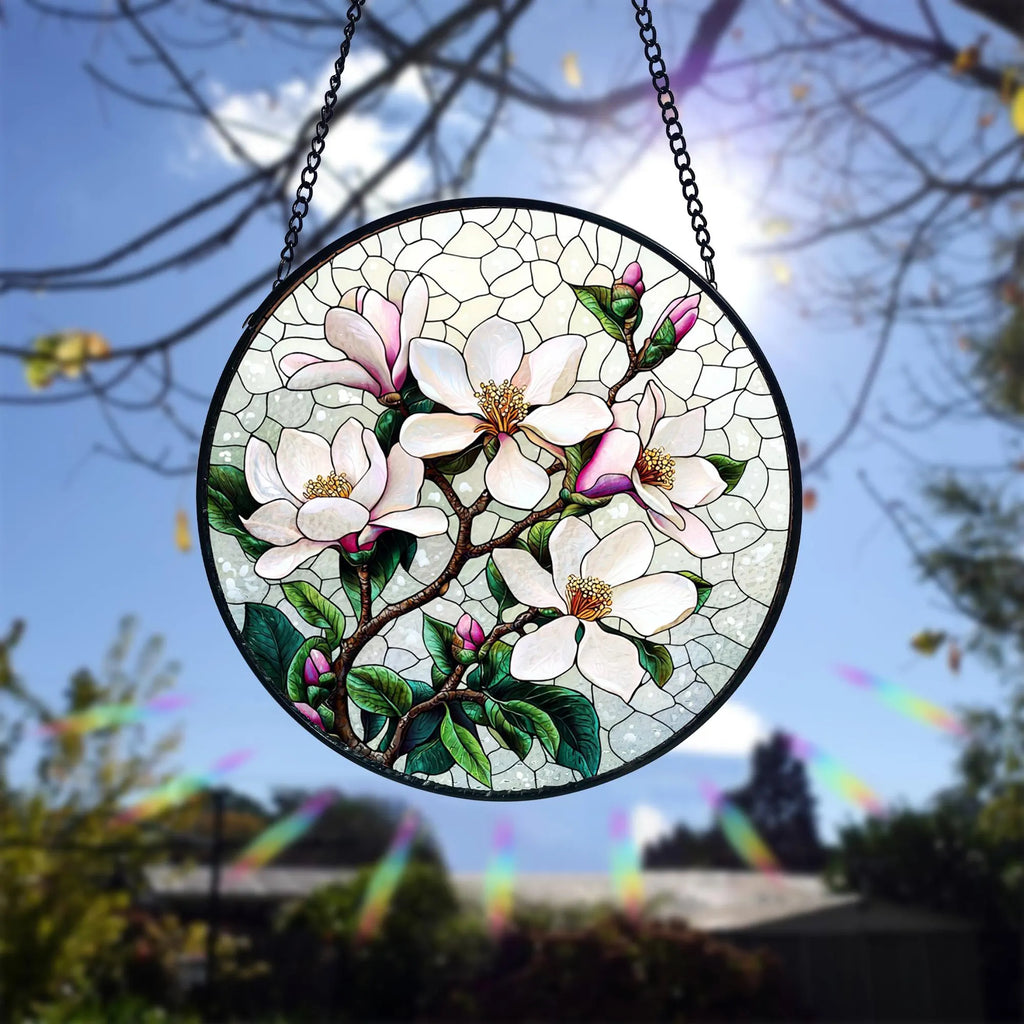 Handmade White Magnolia Stained Glass Suncatcher_ Floral Window Art, Handcrafted Stained Glass Suncatcher, Vibrant Window Art Panel, Sunlit Light Catcher Decoration, Boho Room Decor, Gift for Home Lovers