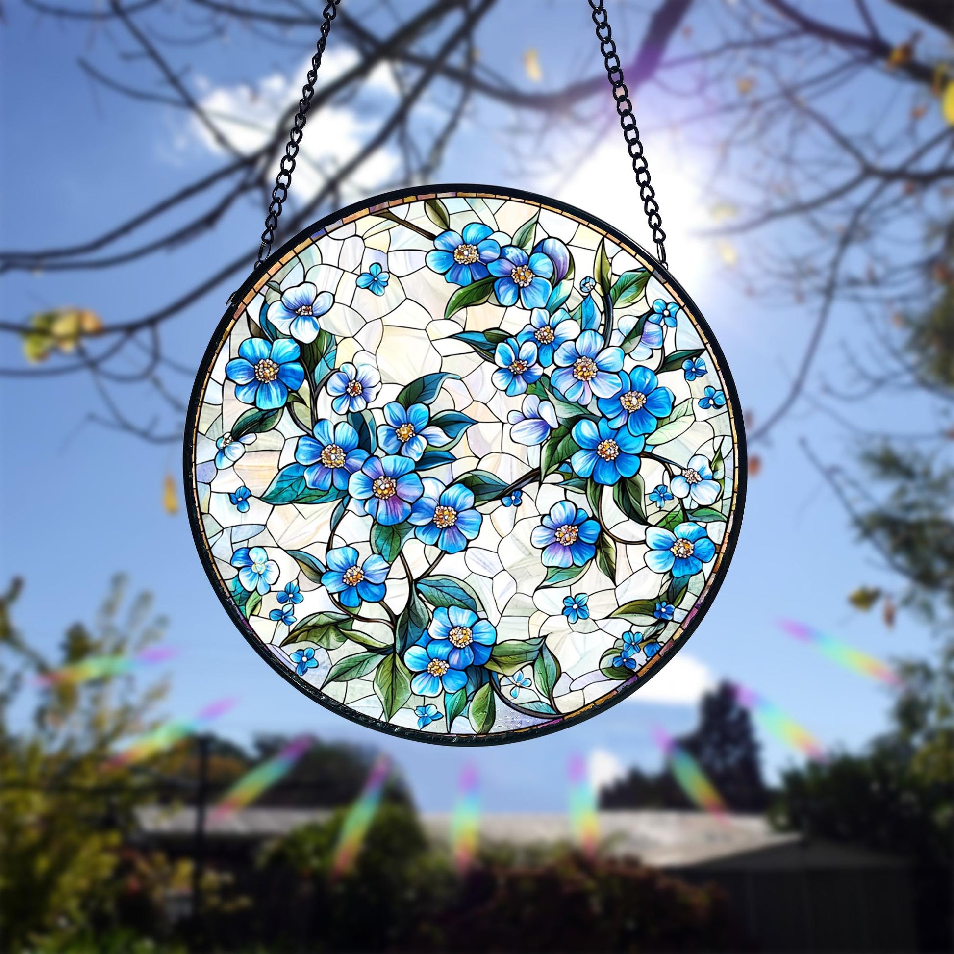 Forget-me-not Stained Glass Suncatcher_ Handmade Floral Window Decor, Colorful Sun Catcher Ornament, Boho Window Decoration, Unique Gift