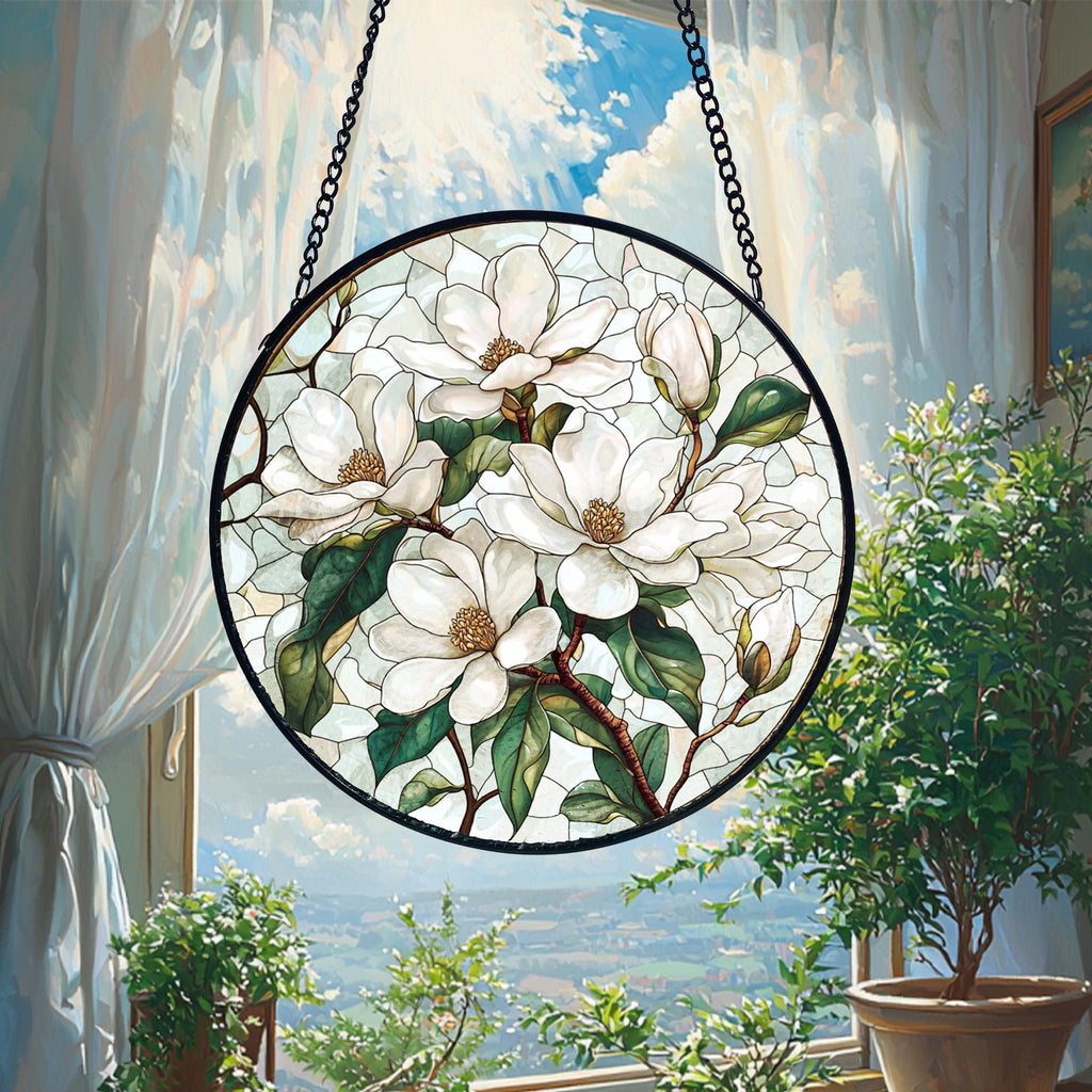 Handmade Stained Glass White Magnolia Suncatcher_ Floral Window Hanging, Handcrafted Stained Glass Suncatcher, Vibrant Window Art Panel, Sunlit Light Catcher Decoration, Boho Room Decor, Gift for Home Lovers