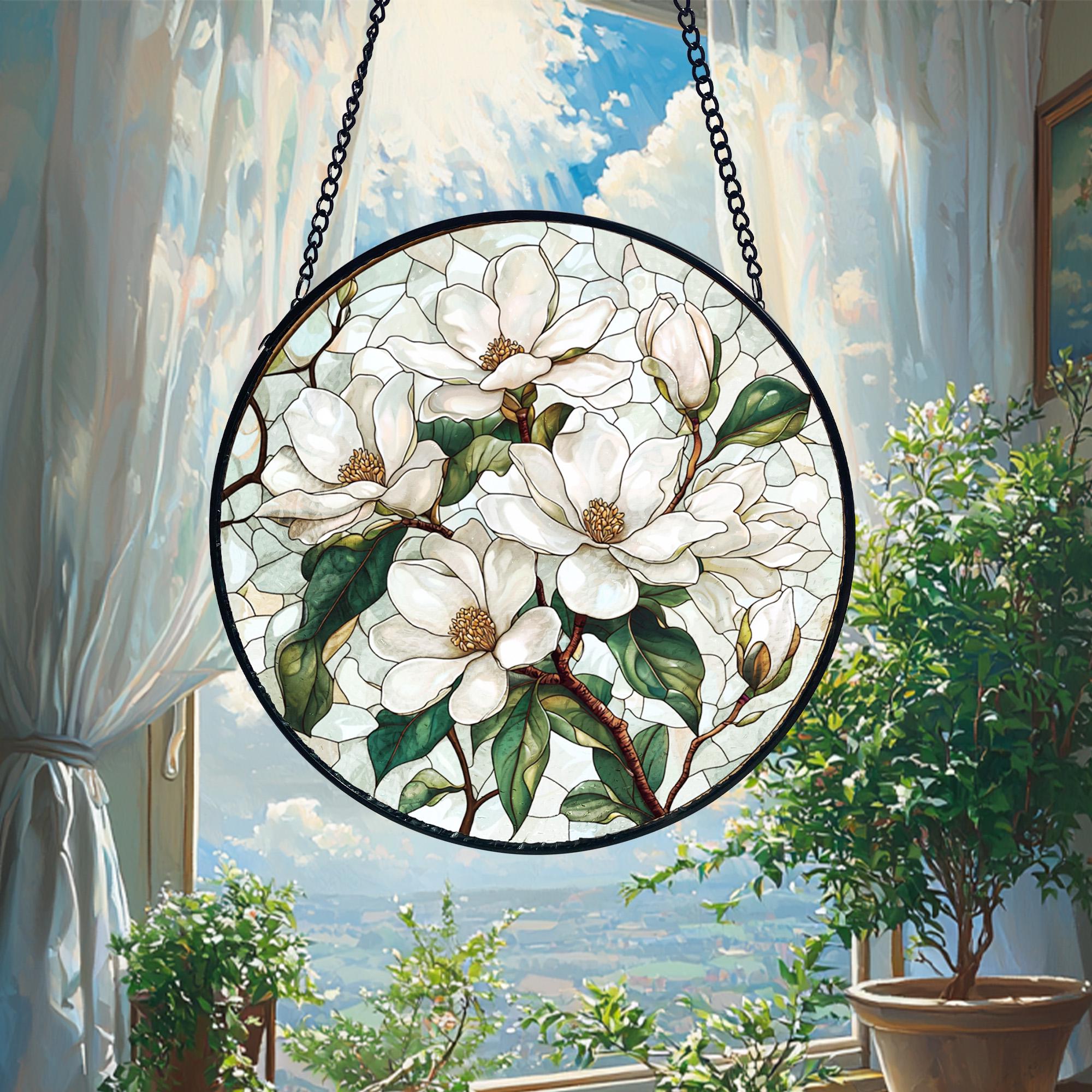 Handmade Stained Glass White Magnolia Suncatcher_ Floral Window Hanging, Handcrafted Stained Glass Suncatcher, Vibrant Window Art Panel, Sunlit Light Catcher Decoration, Boho Room Decor, Gift for Home Lovers