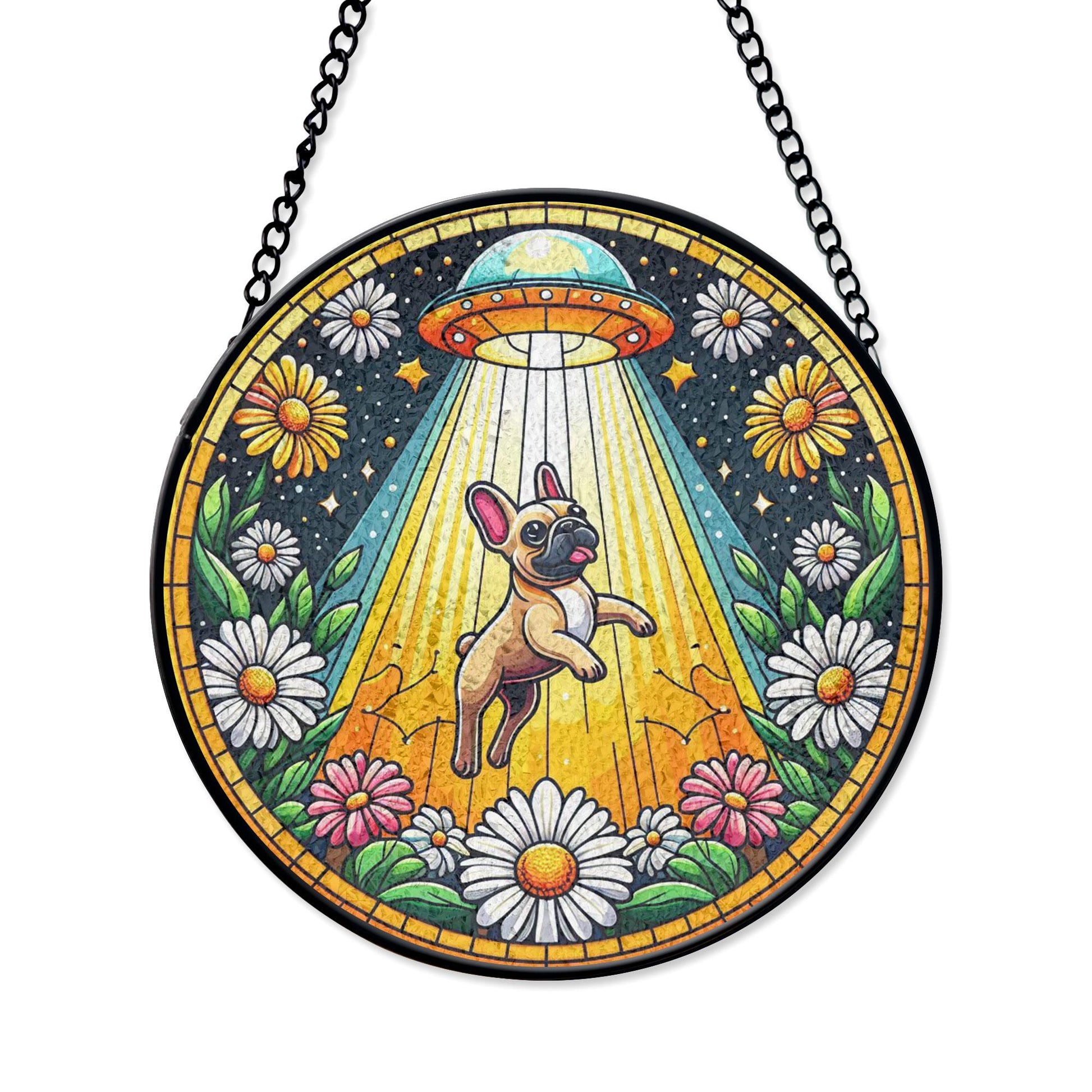 Alien Abduction French Bulldog Stained Glass Suncatcher, Alien Abduction Window Hanging, Sci-fi Dog Decor, Pet Lover Gift, Acrylic Hanging Sun Catcher for Windows, Stained Glass Look Decor, Artistic Home Accent