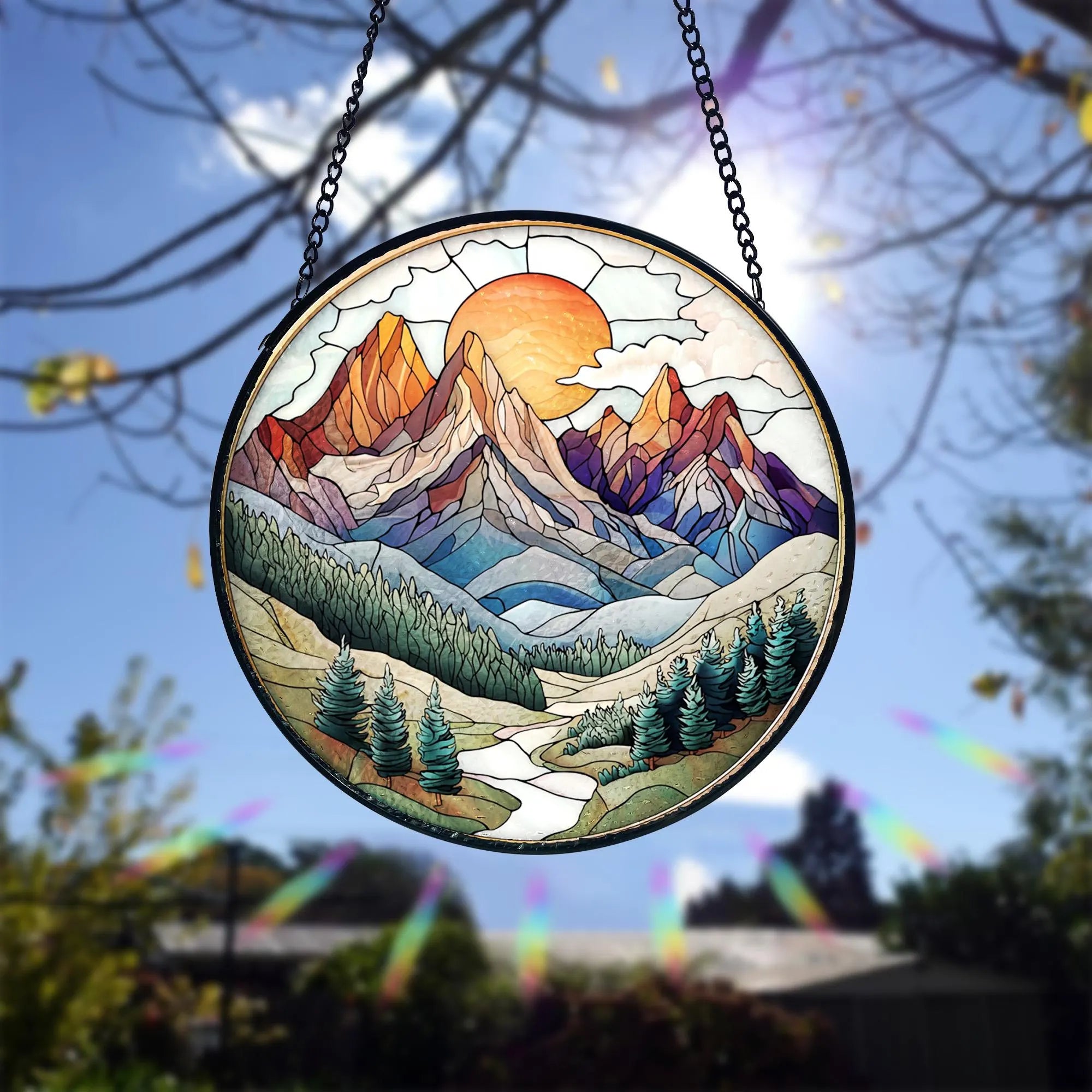 Handmade Mountain Range Stained Glass Suncatcher_ Nature Window Hanging, Stained Glass Acrylic Suncatcher, Vibrant Window Hanging Art, Colorful Light Catcher Decor, Boho Window Ornament, Unique Home Gift