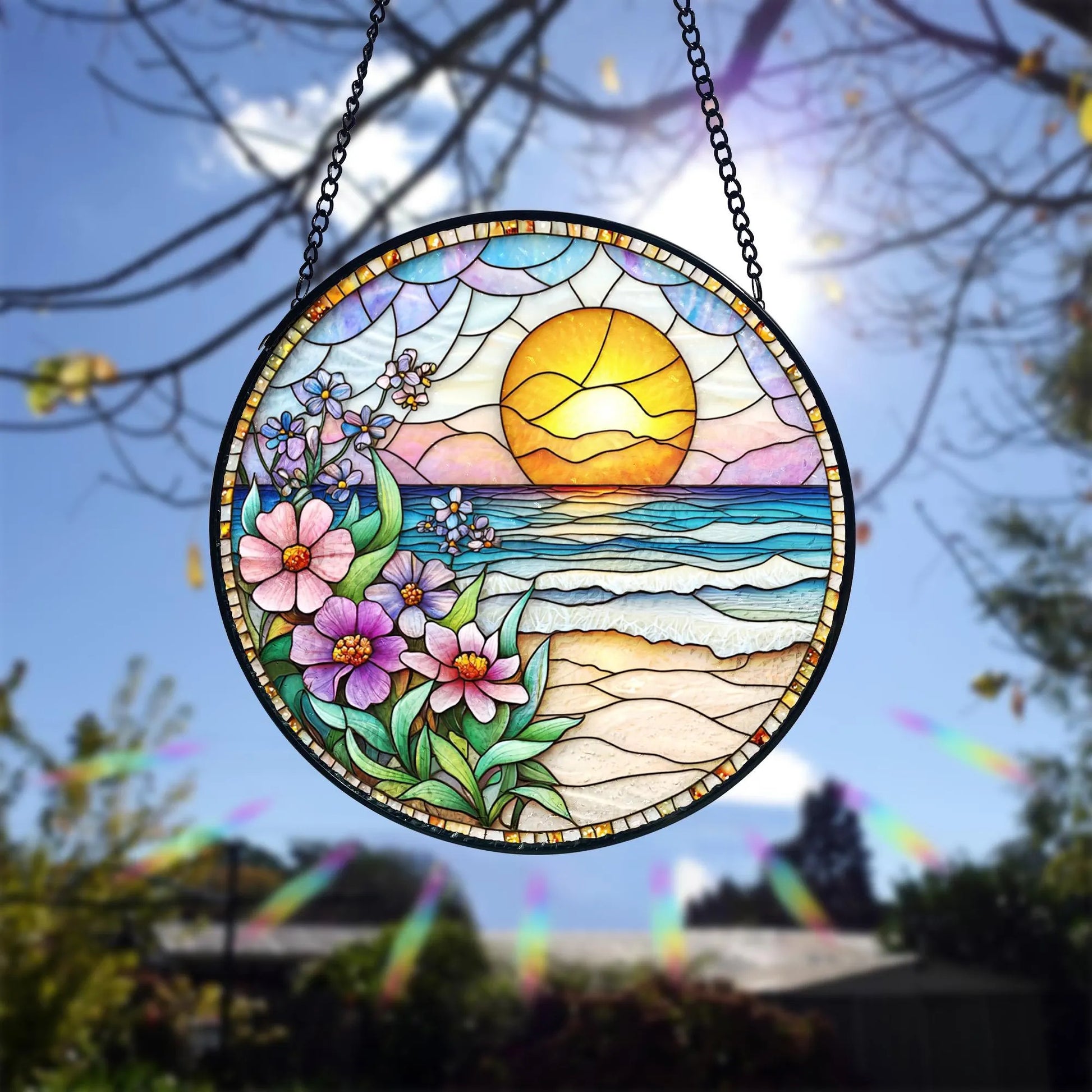 Handmade Beach Sunset Stained Glass Window Hanging_ Coastal Decor, Stained Glass Suncatcher Window Hanging, Handmade Glass Art Decor, Colorful Sun Catcher Ornament, Boho Window Decoration, Unique Gift