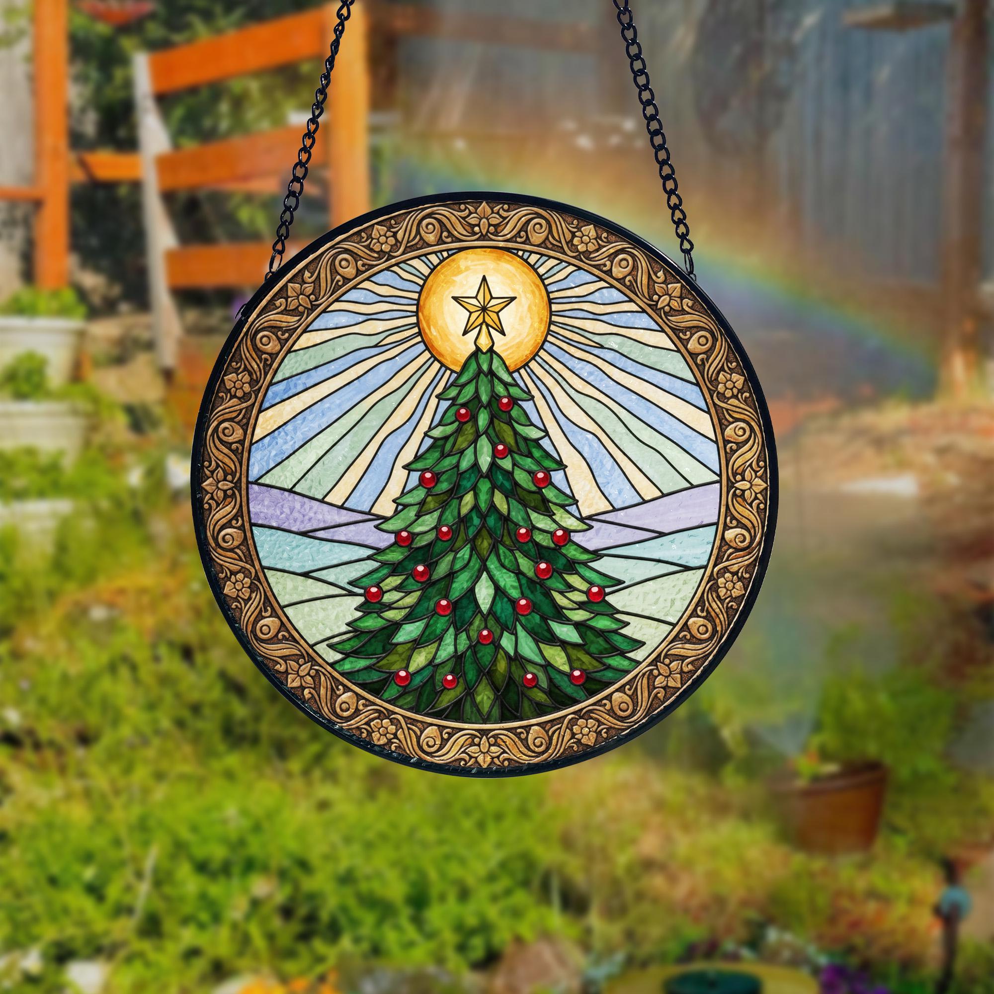 Golden Sun Christmas Tree Suncatcher, Stained Glass Style Window Hanging, Stained Glass Style Window Hanging Colorful Sun Catcher Ornament, Boho Window Decoration, Unique Gift