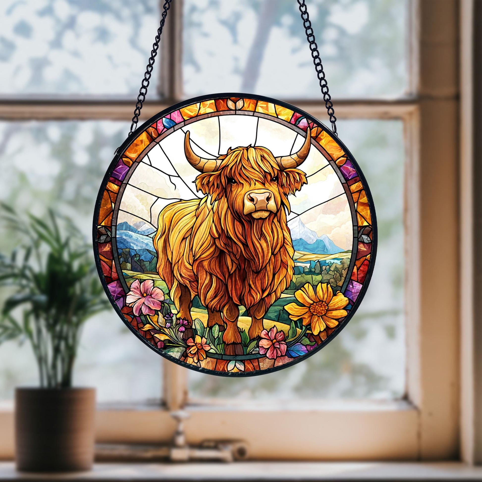 Highland Cow Faux Stained Glass Window Hanging_ Farmhouse Decor, Handcrafted Stained Glass Suncatcher, Vibrant Window Art Panel, Sunlit Light Catcher Decoration, Boho Room Decor, Gift for Home Lovers