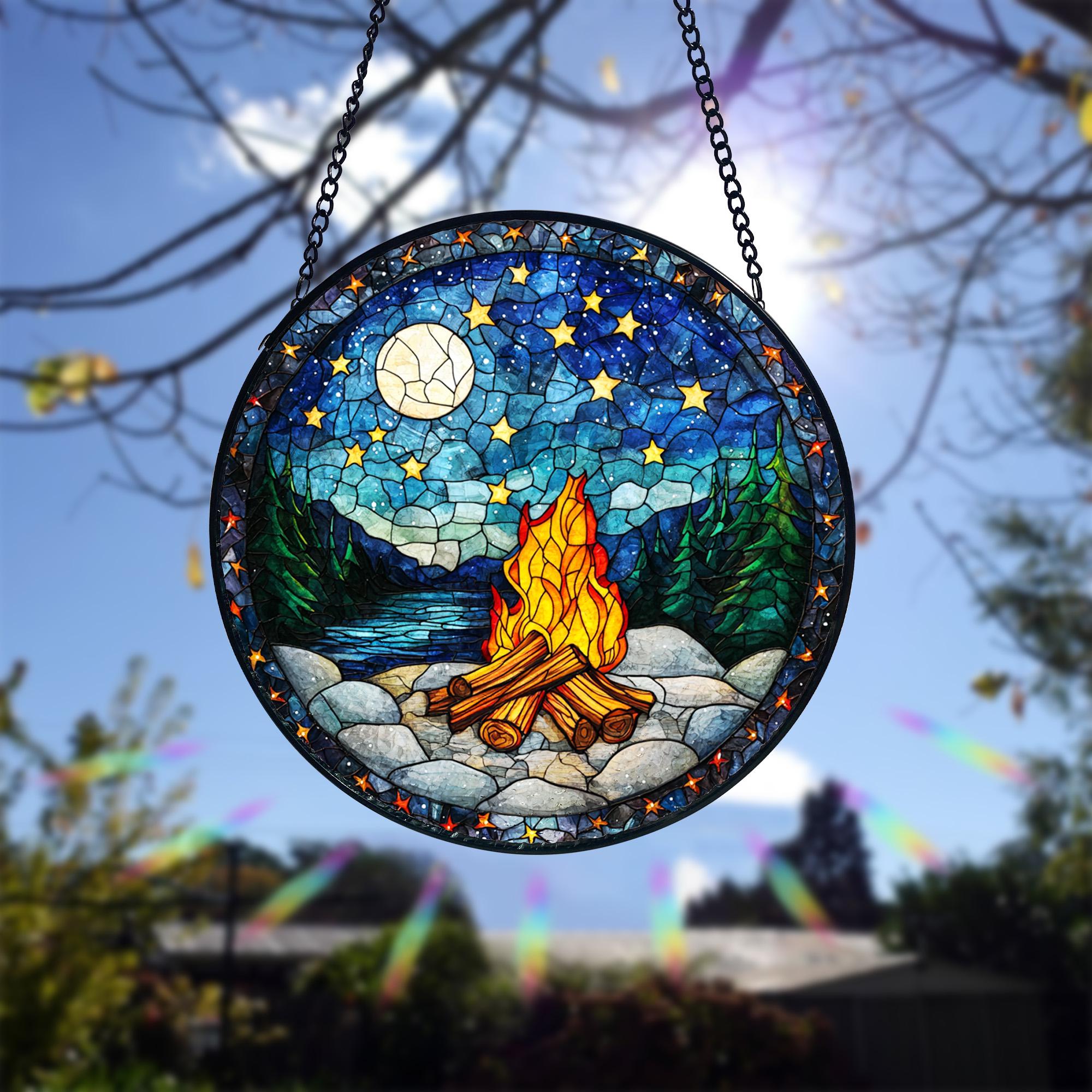 Handmade Starry Campfire Faux Stained Glass Suncatcher_ Rustic Outdoor Decor, Handcrafted Stained Glass Suncatcher, Vibrant Window Art Panel, Sunlit Light Catcher Decoration, Boho Room Decor, Gift for Home Lovers