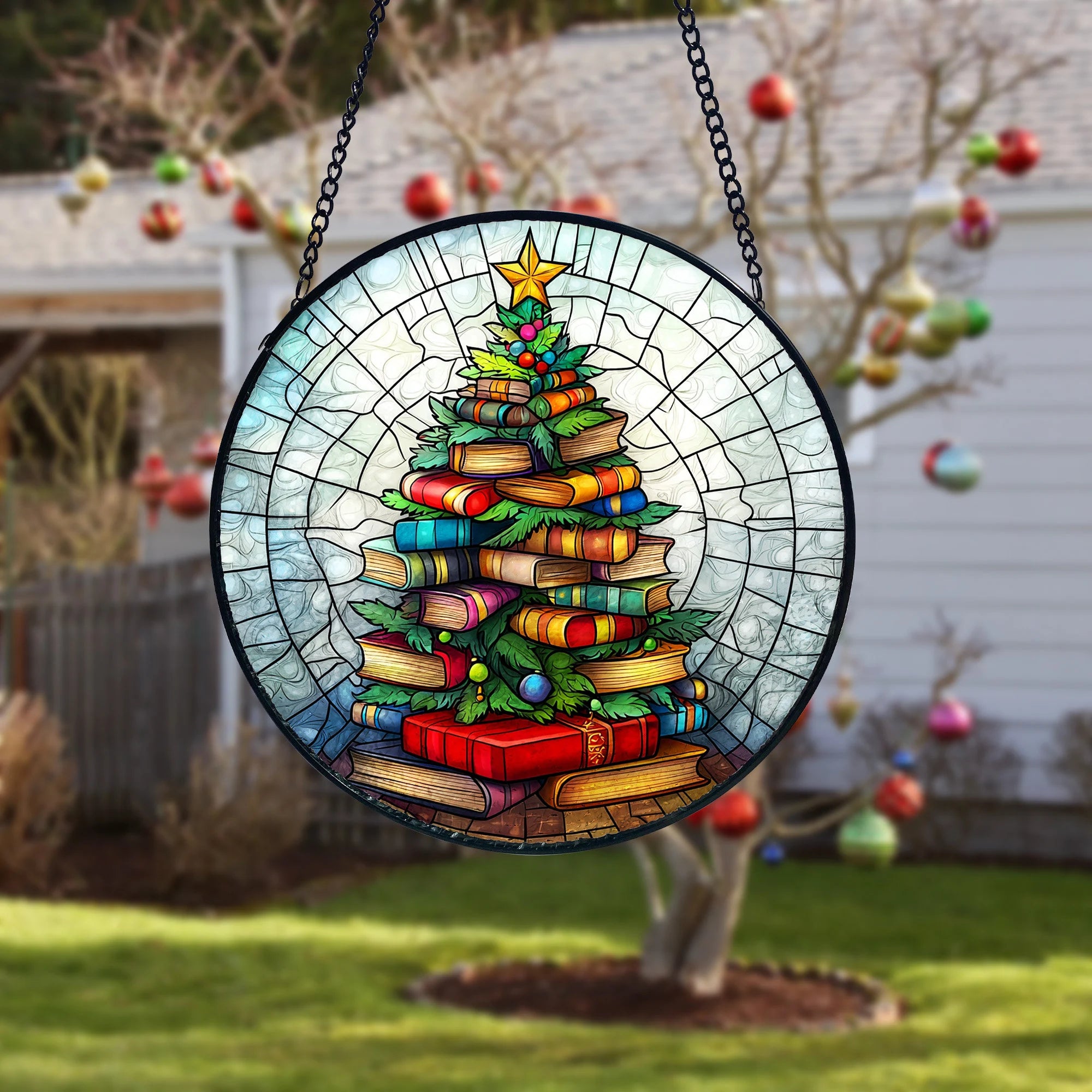 Bookish Christmas Tree Stained Glass Suncatcher_ Book Lover Xmas Decor, Handmade Glass Art Decor, Colorful Sun Catcher Ornament, Boho Window Decoration, Unique Gift
