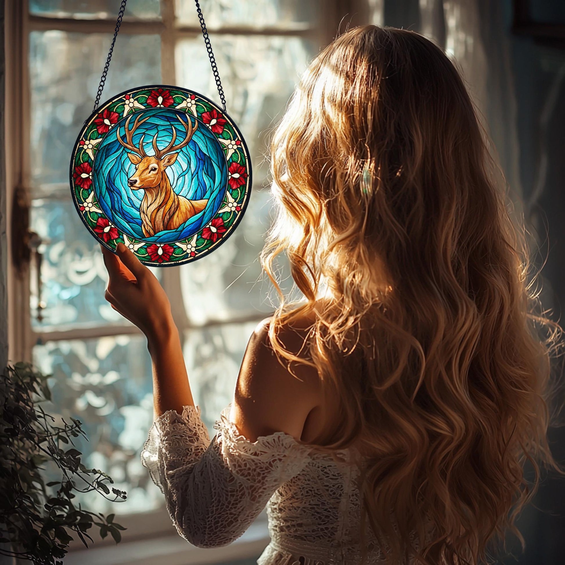 Stained Glass Style Deer Suncatcher, Holiday Home Decor, Stained Glass Style Clover Window Suncatcher, Acrylic Lucky Hanging Decor, Four Leaf Sun Catcher, Green Home Ornament