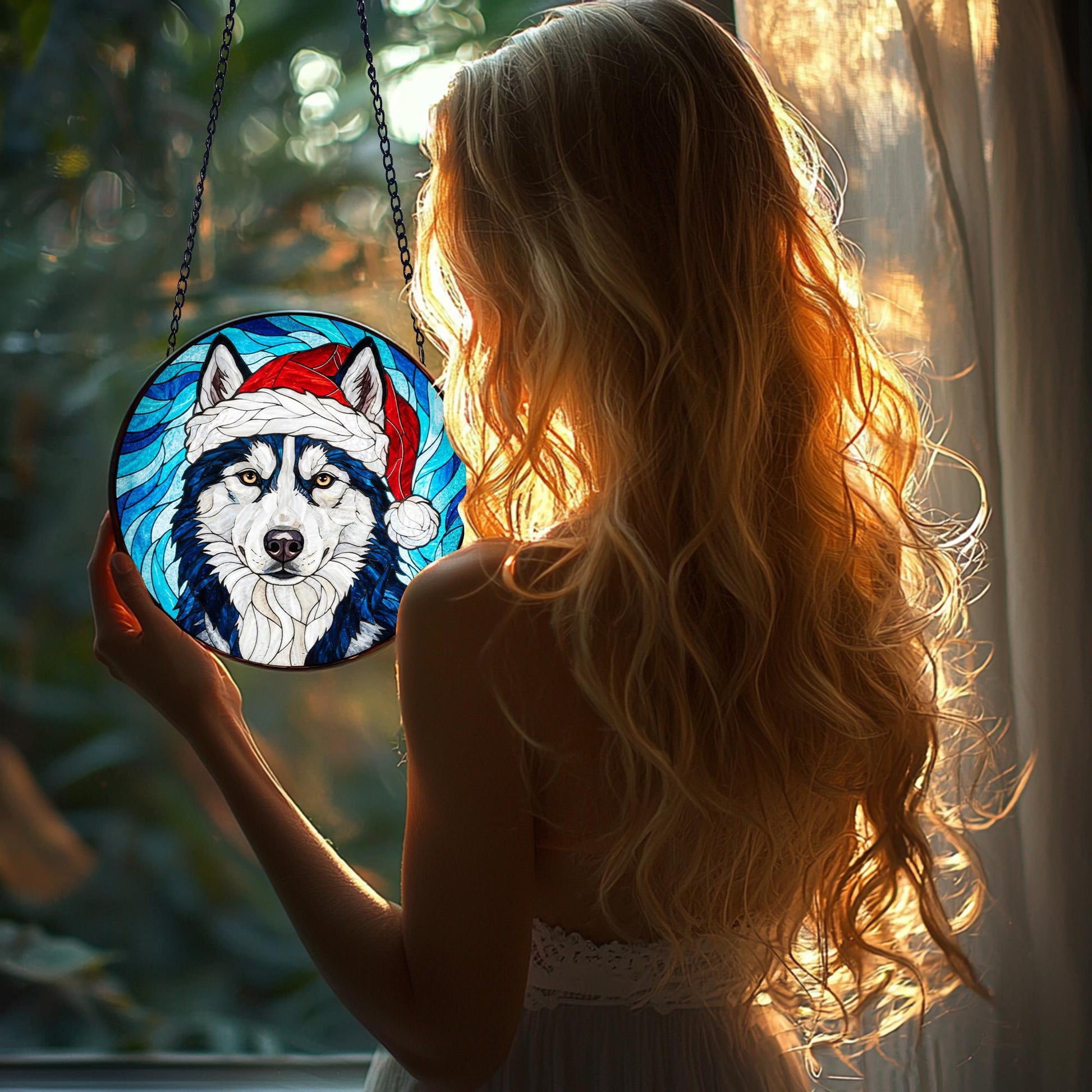 Husky Christmas Suncatcher_ Santa Hat Dog Stained Glass Ornament, Acrylic Stained Glass Window Art, Handmade Sun Catcher Hanging Decor, Colorful Light Reflecting Panel, Unique Gift for Home