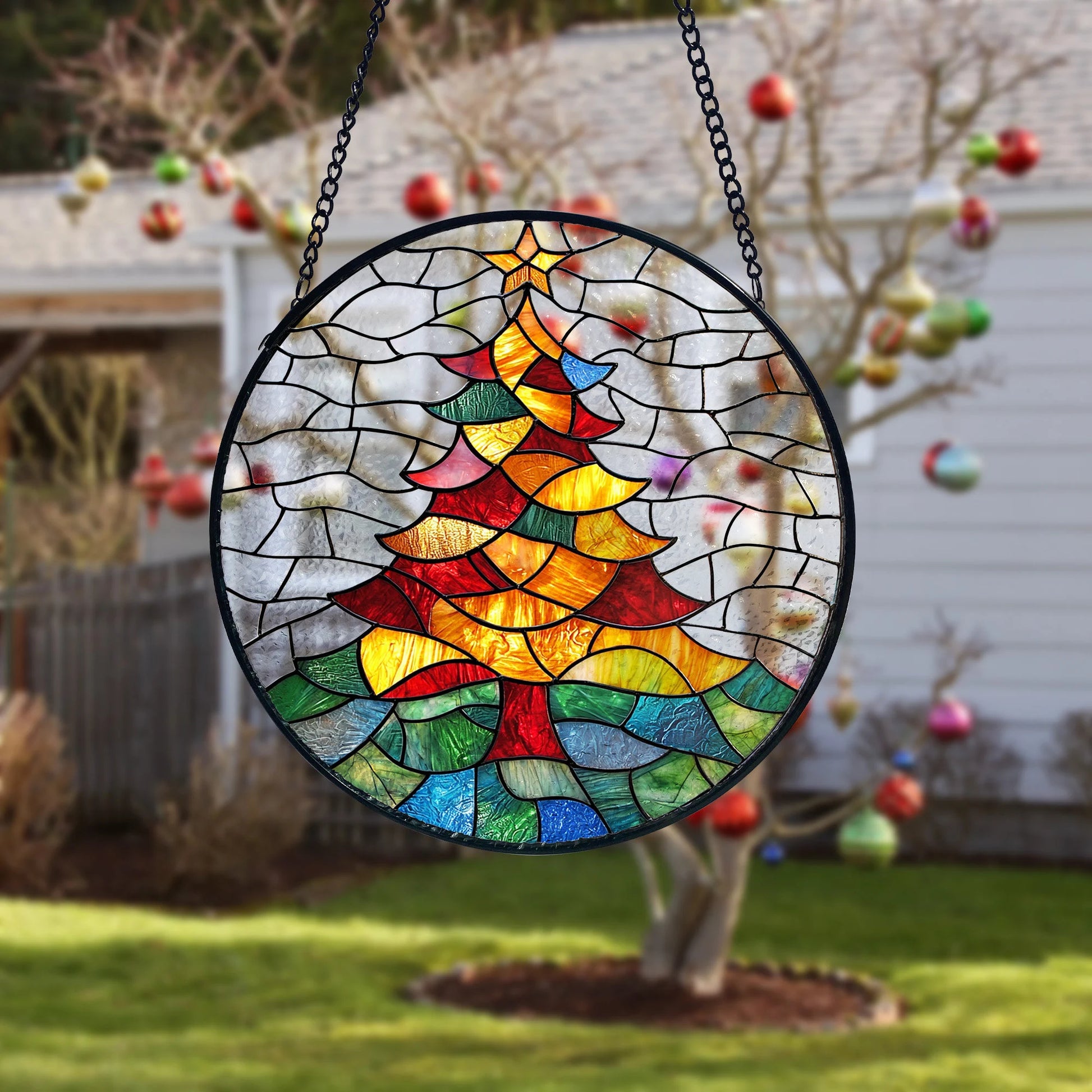 Stained Glass Christmas Tree Suncatcher_ Holiday Window Decor, Stained Glass Style Clover Suncatcher, Acrylic Window Hanging Decor, Four Leaf Lucky Ornament, Green Sun Catcher Panel, Unique Home Gift