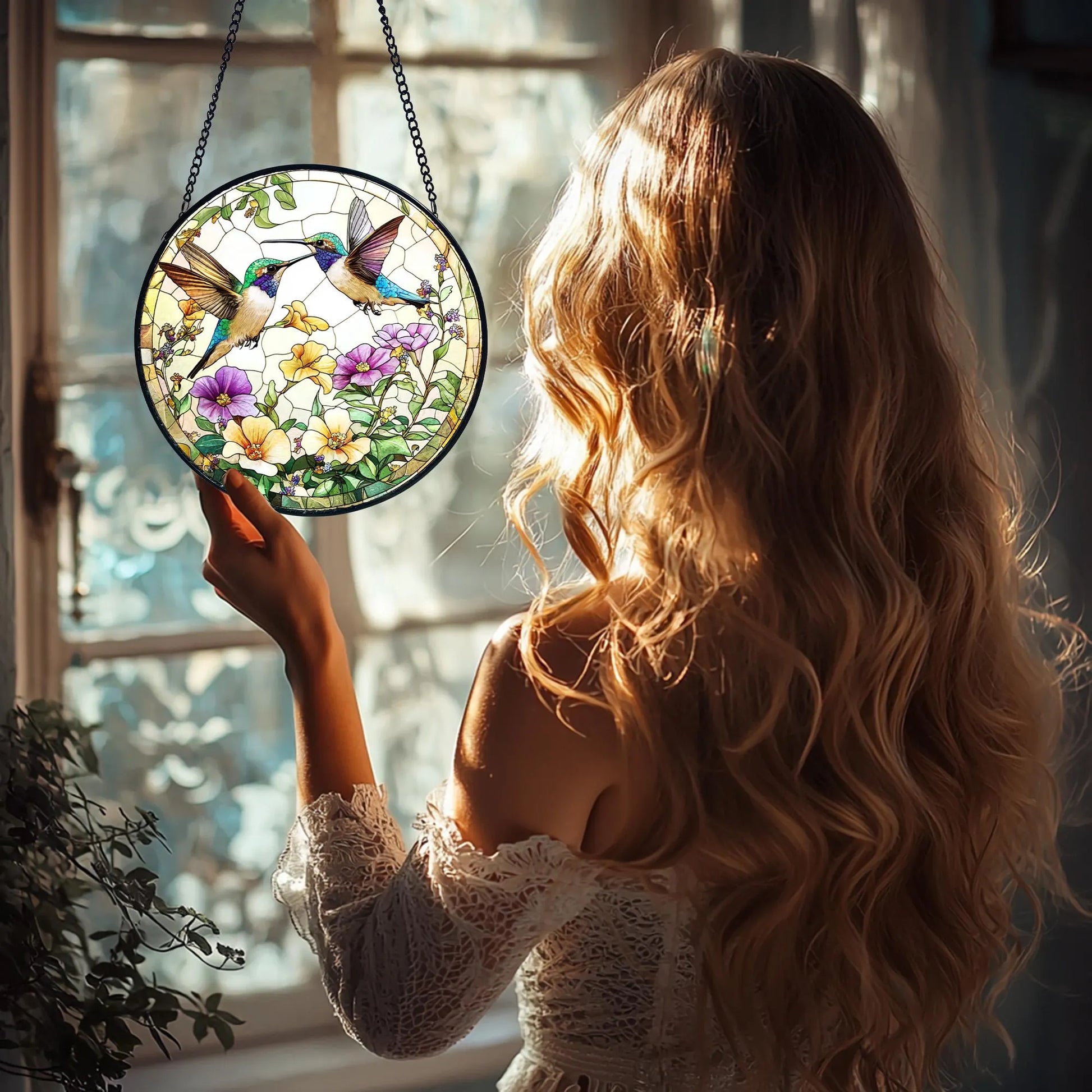 Hummingbird Stained Glass Suncatcher_ Wildflower Window Hanging, Acrylic Stained Glass Window Art, Handmade Sun Catcher Hanging Decor, Colorful Light Reflecting Panel, Unique Gift for Home