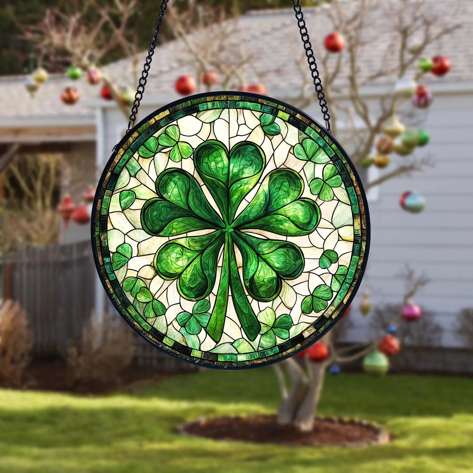 Shamrock Stained Glass Suncatcher_ Irish Window Ornament, Artistic Stained Glass Acrylic Panel, Window Light Catcher Hanging, Colorful Home Decor Accent, Handmade Gift for Any Occasion