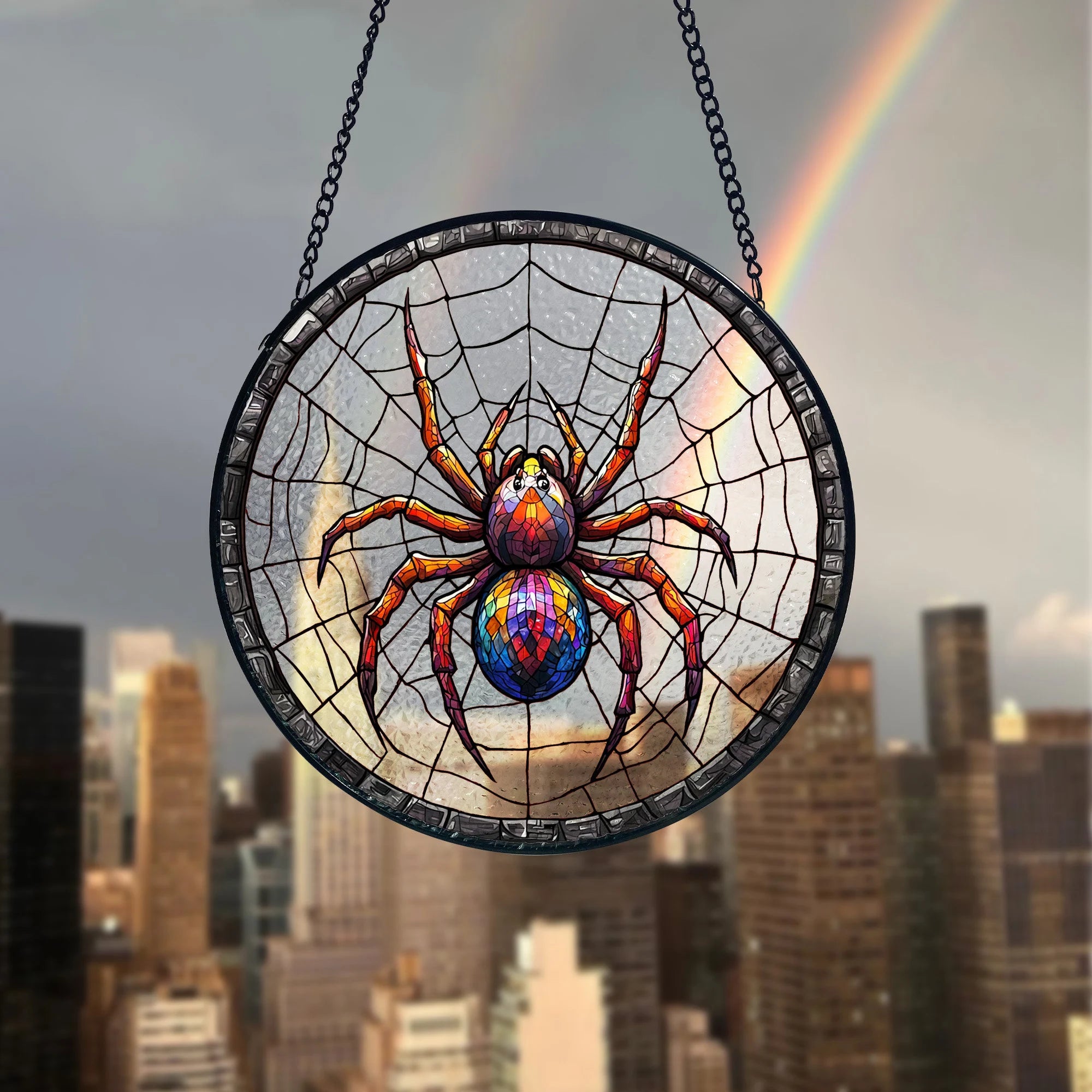 Stained Glass Spider Suncatcher_ Halloween Window Decoration, Stained Glass Style Clover Window Suncatcher, Acrylic Lucky Hanging Decor, Four Leaf Sun Catcher, Green Home Ornament