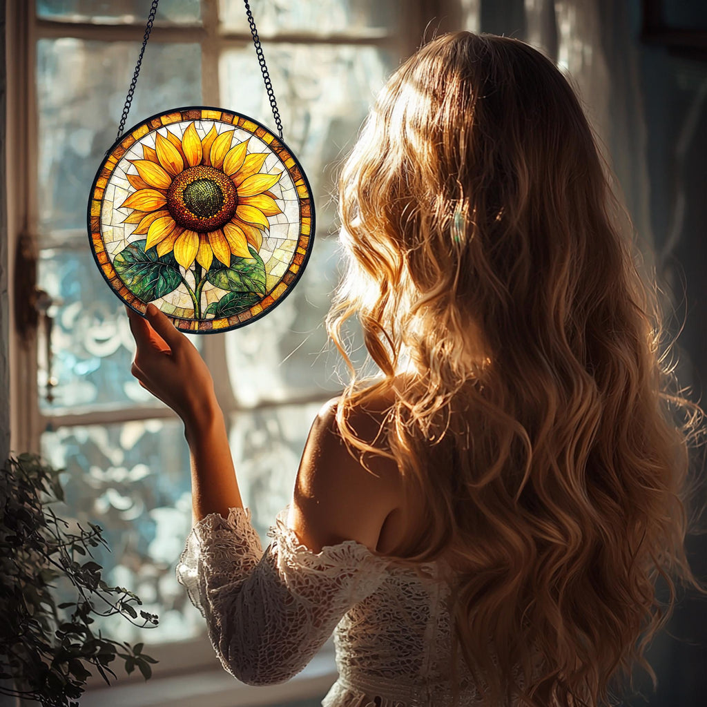 Handmade Sunflower Stained Glass Suncatcher_ Window Garden Decor, Handcrafted Stained Glass Suncatcher, Vibrant Window Art Panel, Sunlit Light Catcher Decoration, Boho Room Decor, Gift for Home Lovers