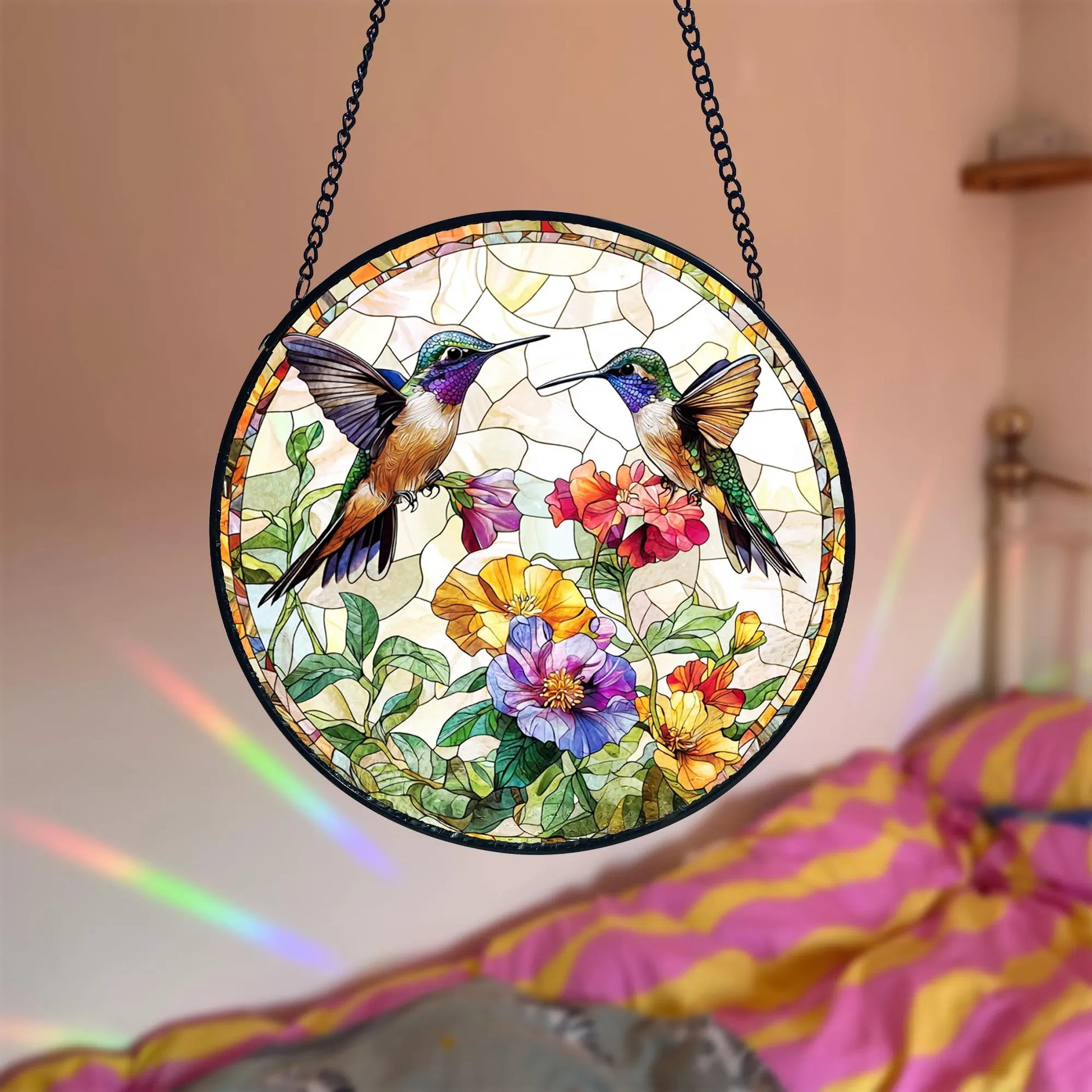 Hummingbird Stained Glass Suncatcher_ Handmade Floral Window Hanging, Acrylic Stained Glass Window Art, Handmade Sun Catcher Hanging Decor, Colorful Light Reflecting Panel, Unique Gift for Home