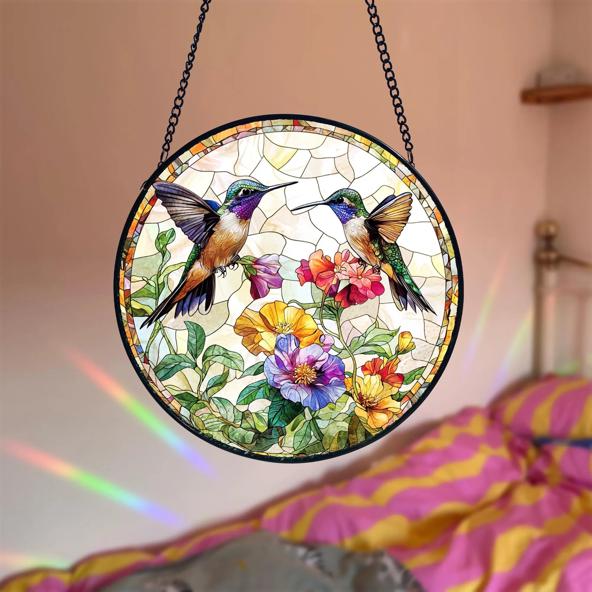 Hummingbird Stained Glass Suncatcher_ Handmade Floral Window Hanging, Acrylic Stained Glass Window Art, Handmade Sun Catcher Hanging Decor, Colorful Light Reflecting Panel, Unique Gift for Home