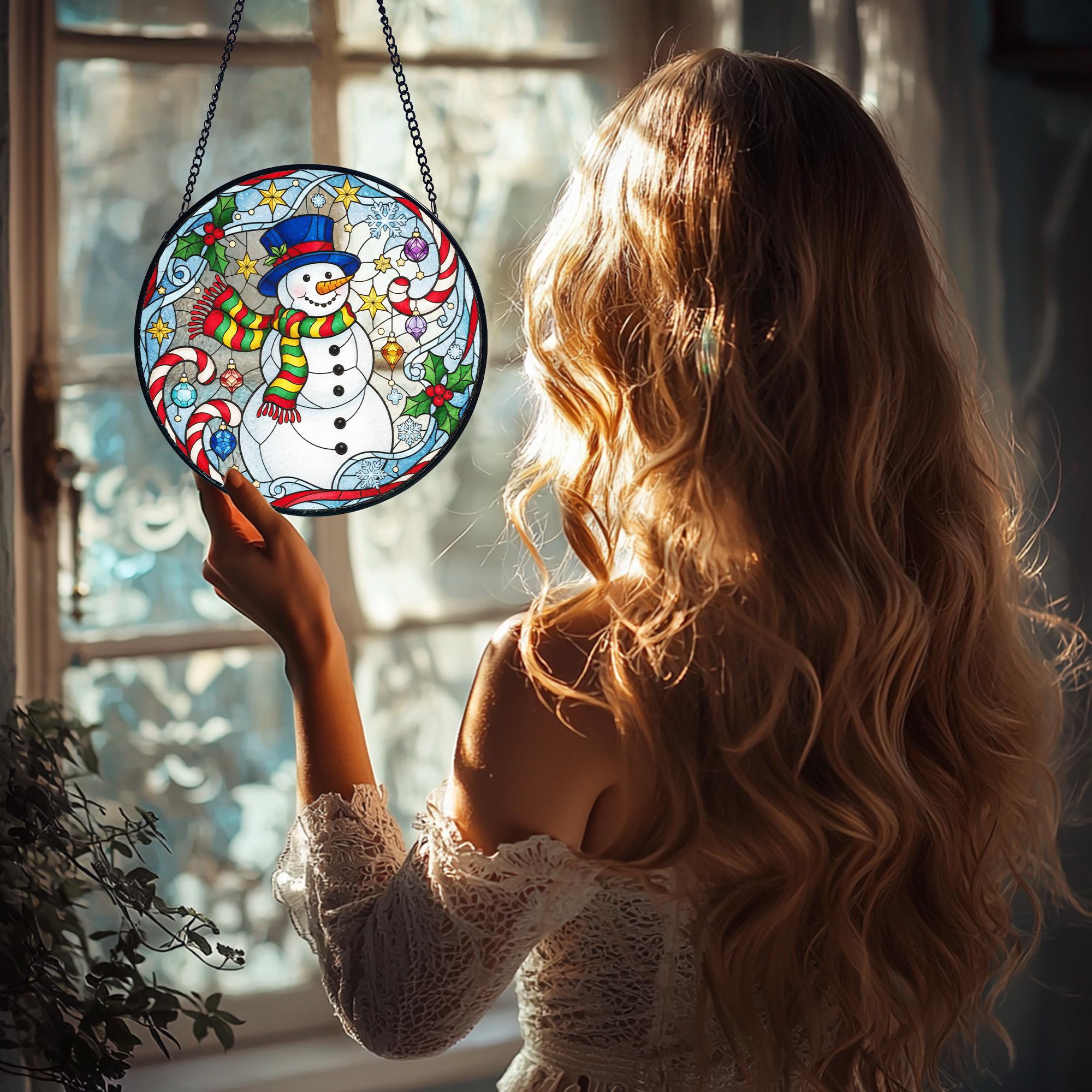 Snowman Christmas Suncatcher_ Stained Glass Style Holiday Window Hanging, Stained Glass Style Clover Suncatcher, Acrylic Window Hanging Decor, Four Leaf Lucky Ornament, Green Sun Catcher Panel, Unique Home Gift