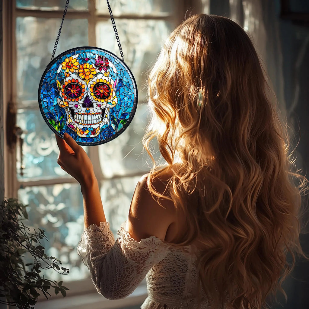 Sugar Skull Stained Glass Suncatcher, Dia De Los Muertos Decor, Acrylic Stained Glass Clover Suncatcher, Lucky Window Hanging, Boho Green Ornament, Unique Artisan Home Decor