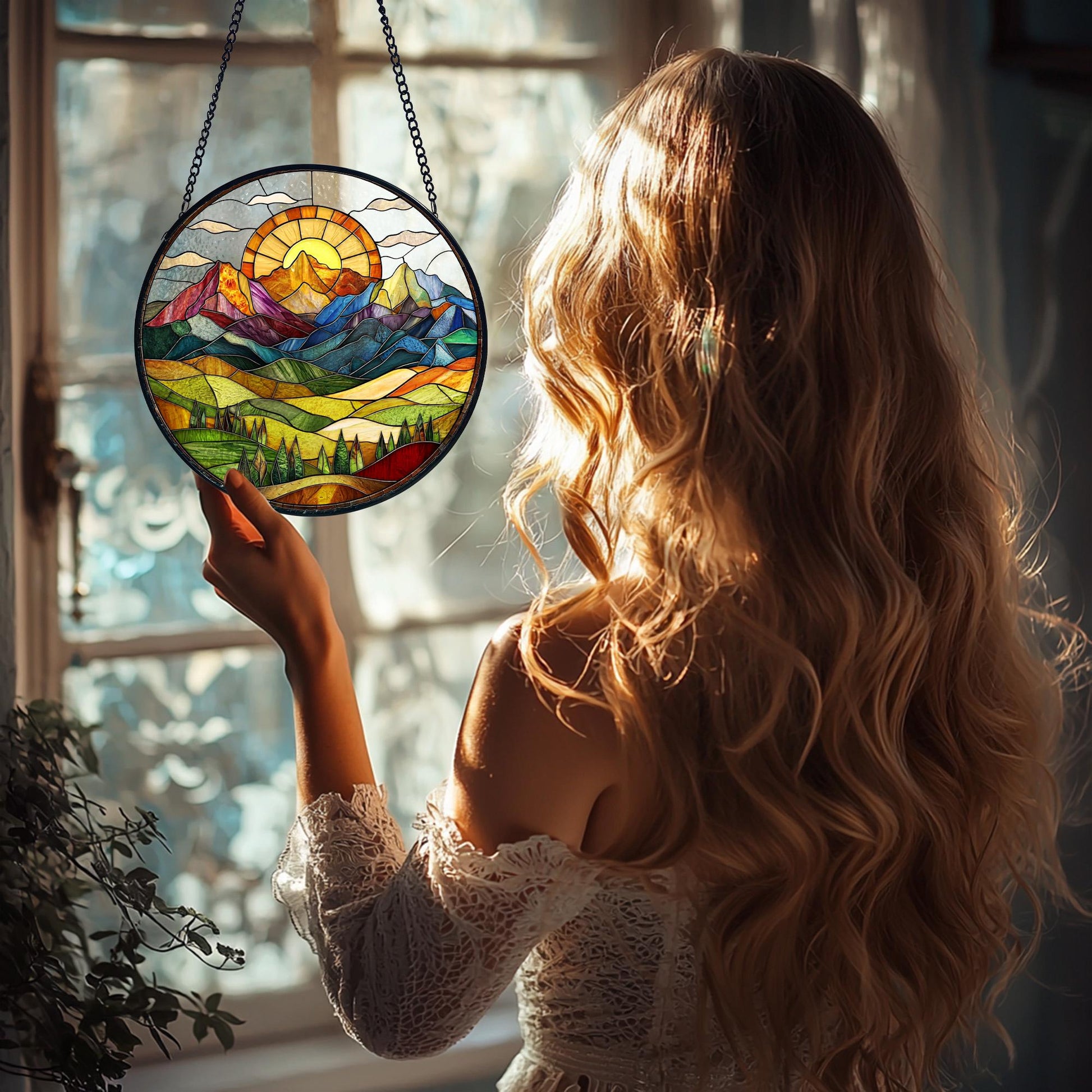 Handmade Mountain Sunset Stained Glass Suncatcher_ Nature Window Decor, Stained Glass Acrylic Suncatcher, Vibrant Window Hanging Art, Colorful Light Catcher Decor, Boho Window Ornament, Unique Home Gift