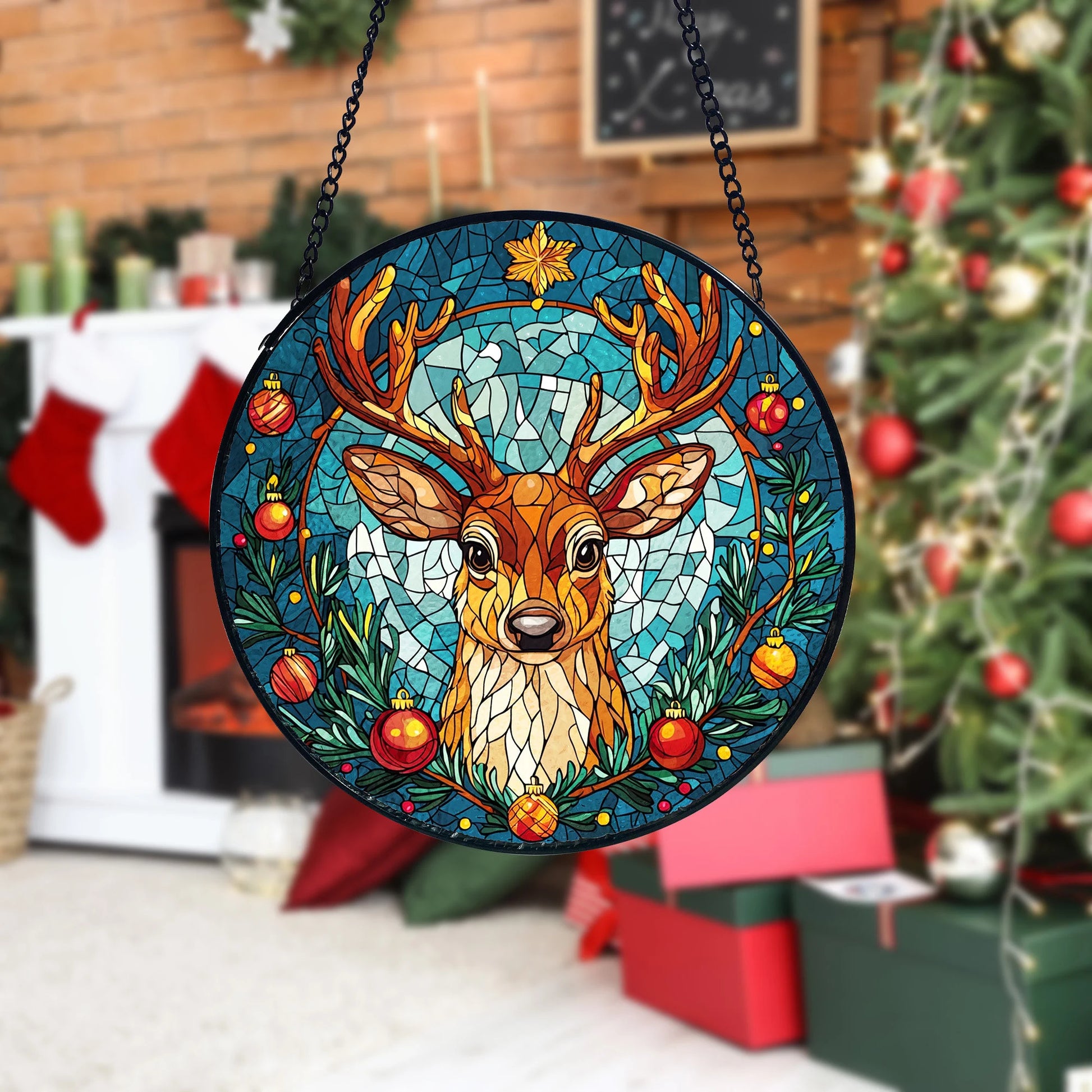 Vintage Reindeer Stained Glass Suncatcher_ Christmas Window Decor, Decorative Stained Glass Style Suncatcher, Acrylic Window Art Panel, Sun Catcher Hanging Ornament, Unique Home Accent, andmade Home Decoration