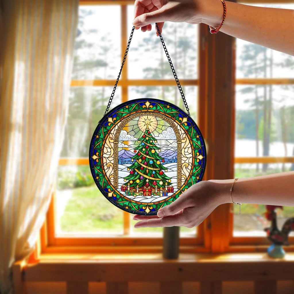 Stained Glass Christmas Tree Suncatcher_ Cathedral Window Holiday Decor, Stained Glass Style Clover Suncatcher, Acrylic Window Hanging Decor, Four Leaf Lucky Ornament, Green Sun Catcher Panel, Unique Home Gift