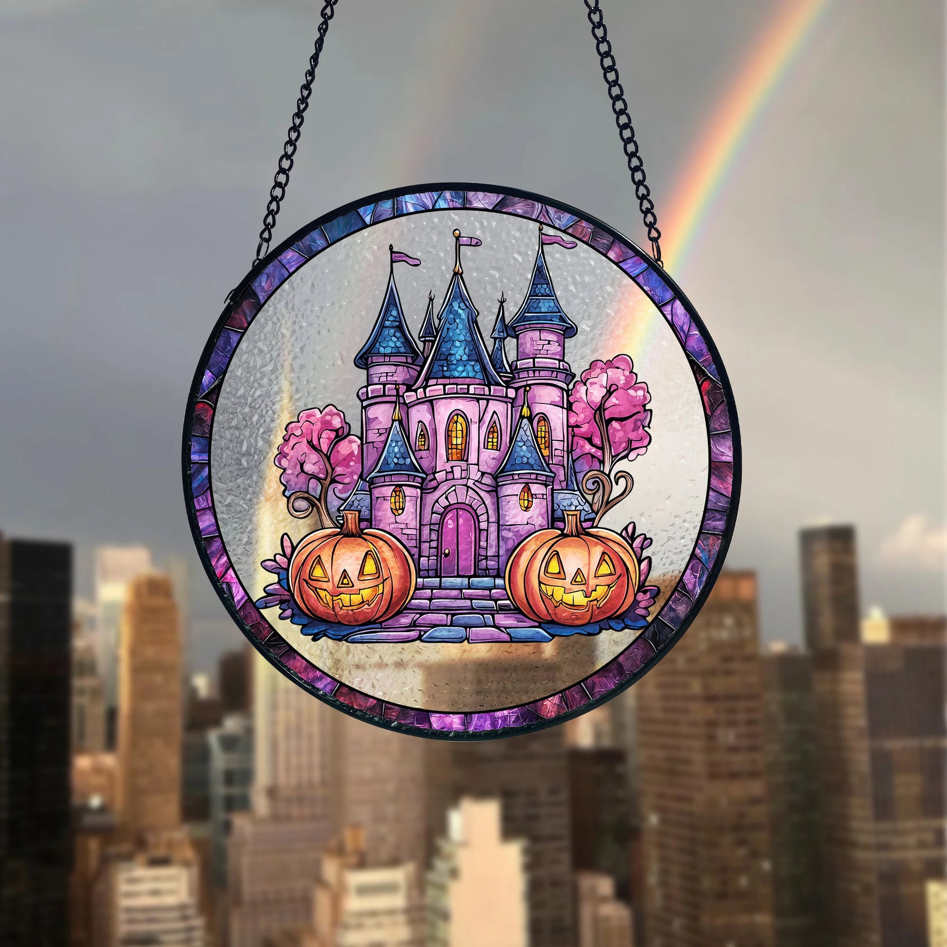 Pink Halloween Stained Glass Suncatcher, Castle Pumpkin Window Hanging, Artistic Stained Glass Acrylic Panel, Window Light Catcher Hanging, Colorful Home Decor Accent, Handmade Gift for Any Occasion