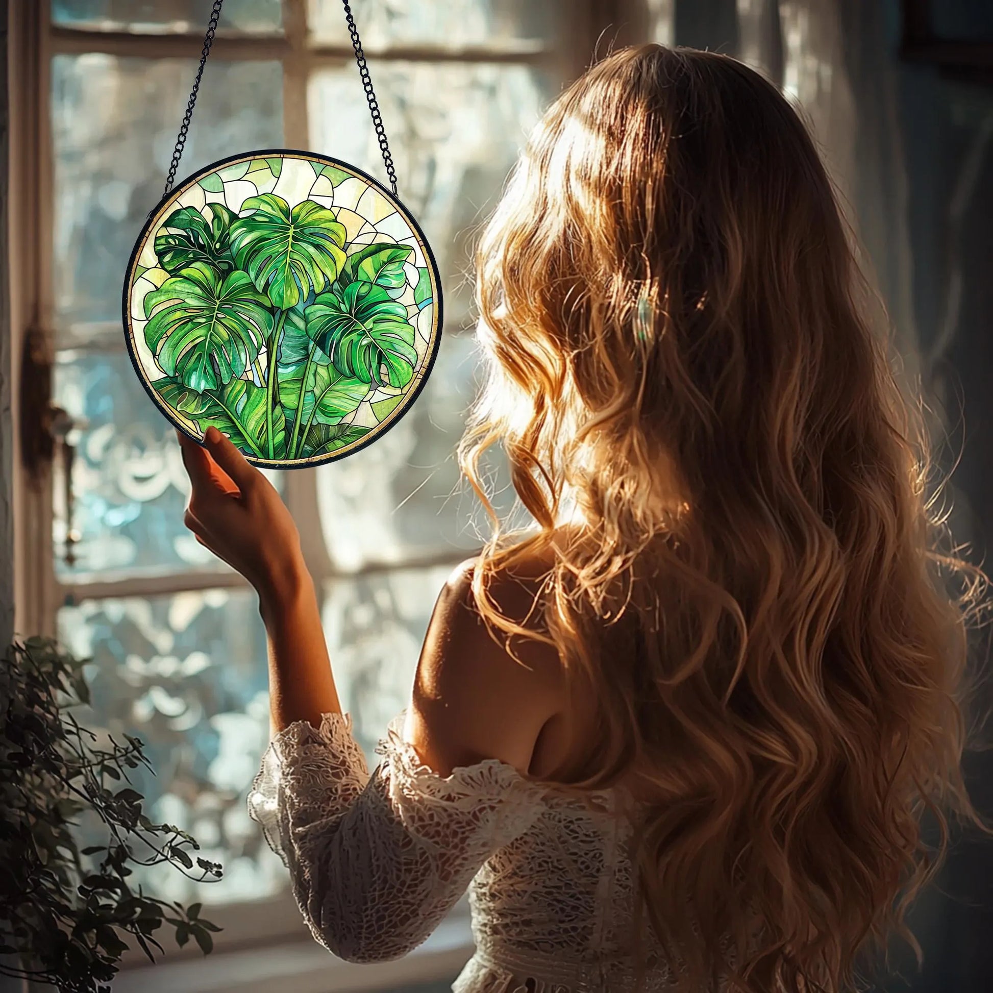 Handmade Monstera Plant Stained Glass Suncatcher_ Botanical Window Decor, Stained Glass Acrylic Suncatcher, Vibrant Window Hanging Art, Colorful Light Catcher Decor, Boho Window Ornament, Unique Home Gift