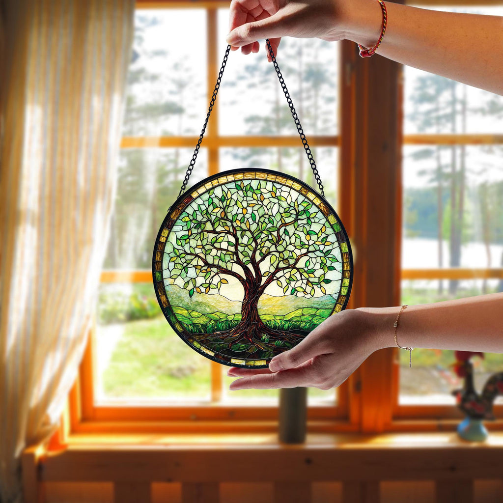 Handmade Tree of Life Stained Glass Window Hanging_ Nature Decor, Handcrafted Stained Glass Suncatcher, Vibrant Window Art Panel, Sunlit Light Catcher Decoration, Boho Room Decor, Gift for Home Lovers
