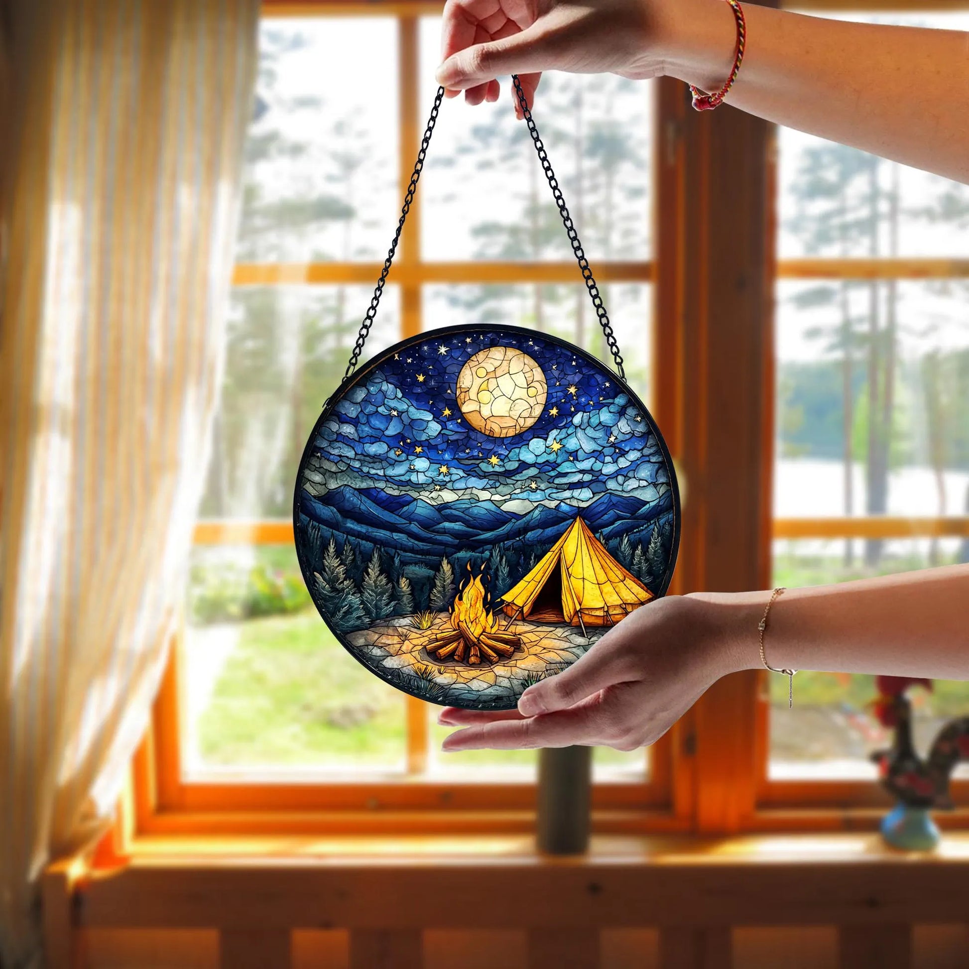 Starry Campfire Stained Glass Suncatcher_ Handmade Rustic Decor, Acrylic Stained Glass Clover Suncatcher, Lucky Window Hanging, Boho Green Ornament, Unique Artisan Home Decor