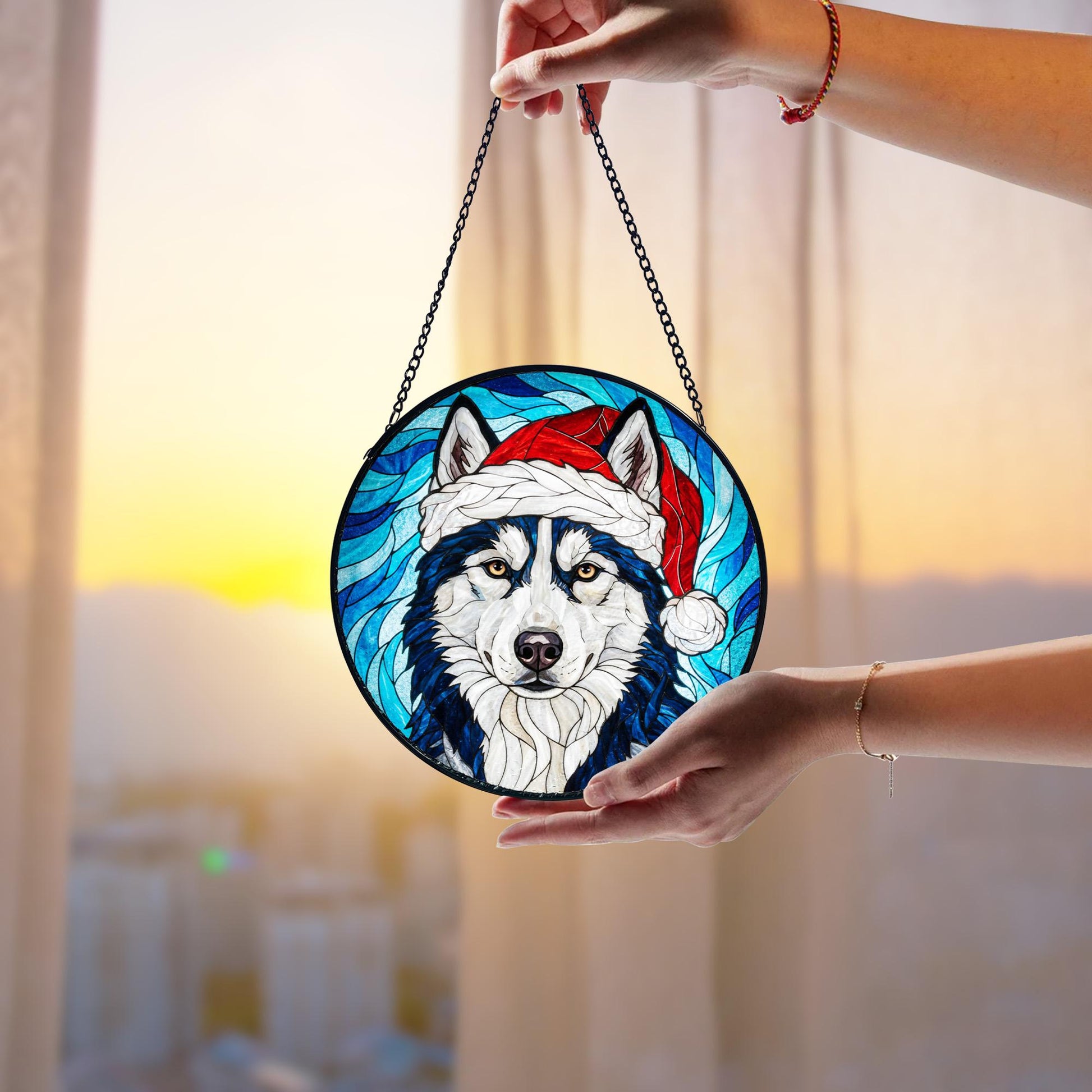 Husky Christmas Suncatcher_ Santa Hat Dog Stained Glass Ornament, Acrylic Stained Glass Window Art, Handmade Sun Catcher Hanging Decor, Colorful Light Reflecting Panel, Unique Gift for Home