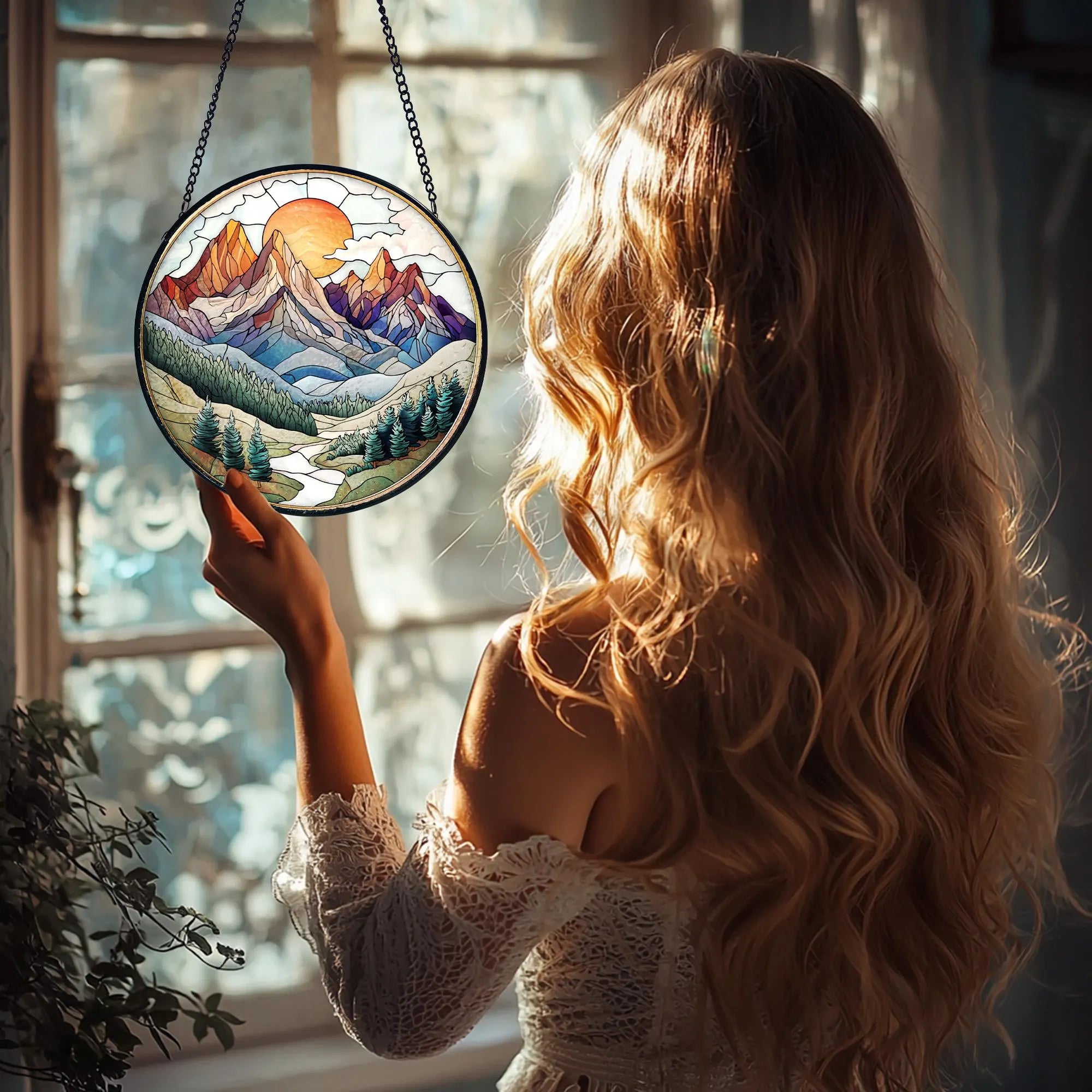 Handmade Mountain Range Stained Glass Suncatcher_ Nature Window Hanging, Stained Glass Acrylic Suncatcher, Vibrant Window Hanging Art, Colorful Light Catcher Decor, Boho Window Ornament, Unique Home Gift