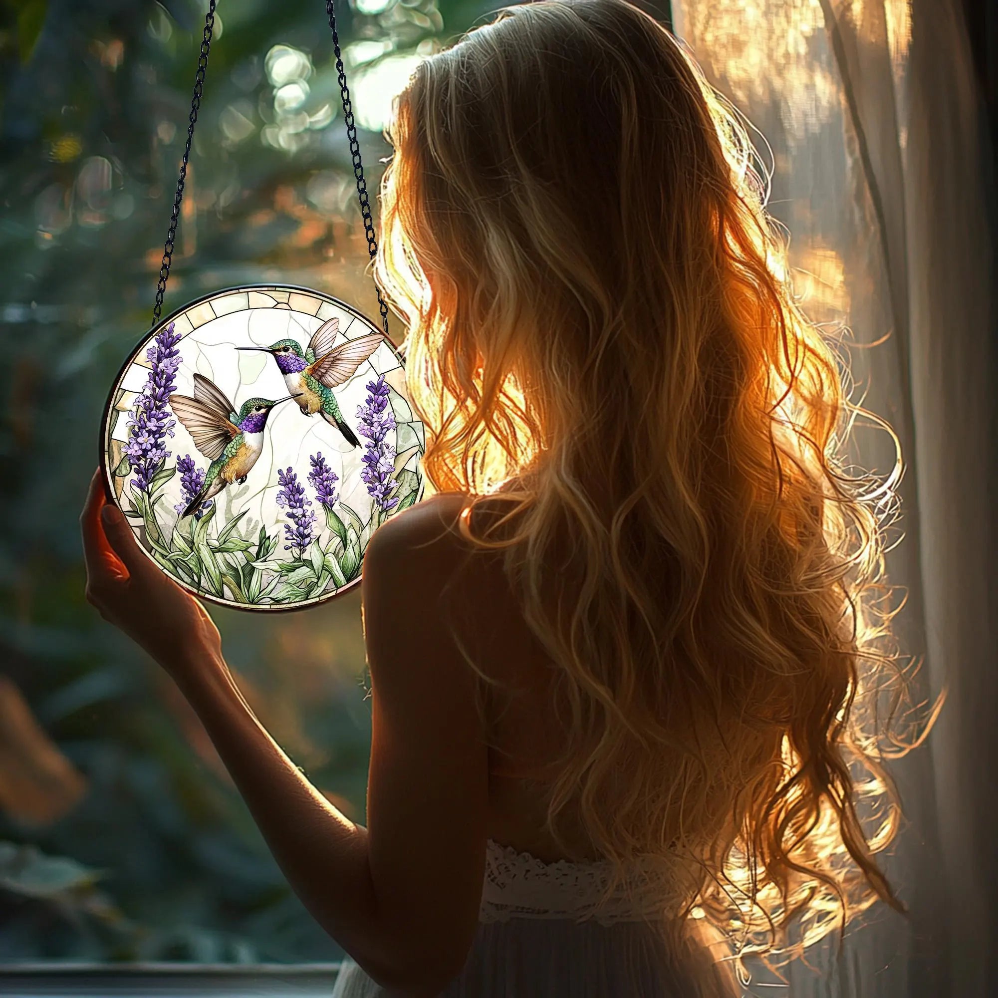 Handmade Stained Glass Suncatcher_ Hummingbirds and Lavender Decor, Handcrafted Stained Glass Suncatcher, Vibrant Window Art Panel, Sunlit Light Catcher Decoration, Boho Room Decor, Gift for Home Lovers