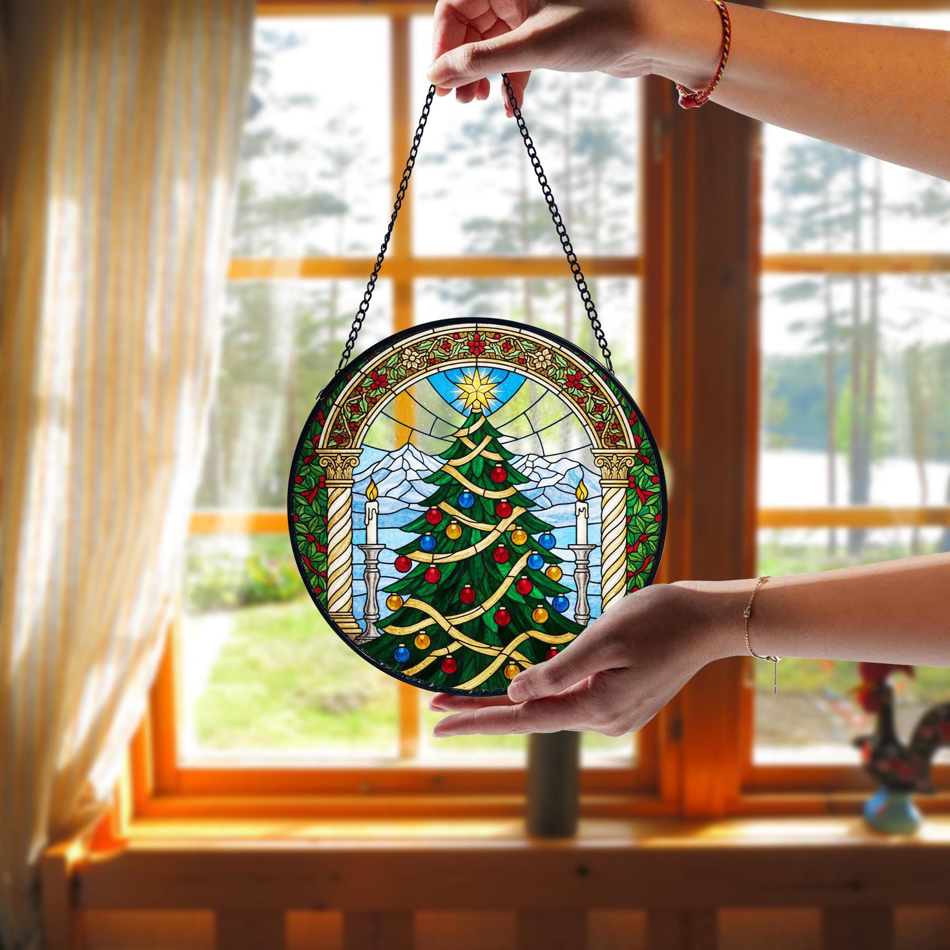 Cathedral Christmas Tree Suncatcher_ Stained Glass Style Holiday Window Hanging, Handmade Glass Art Decor, Colorful Sun Catcher Ornament, Boho Window Decoration, Unique Gift