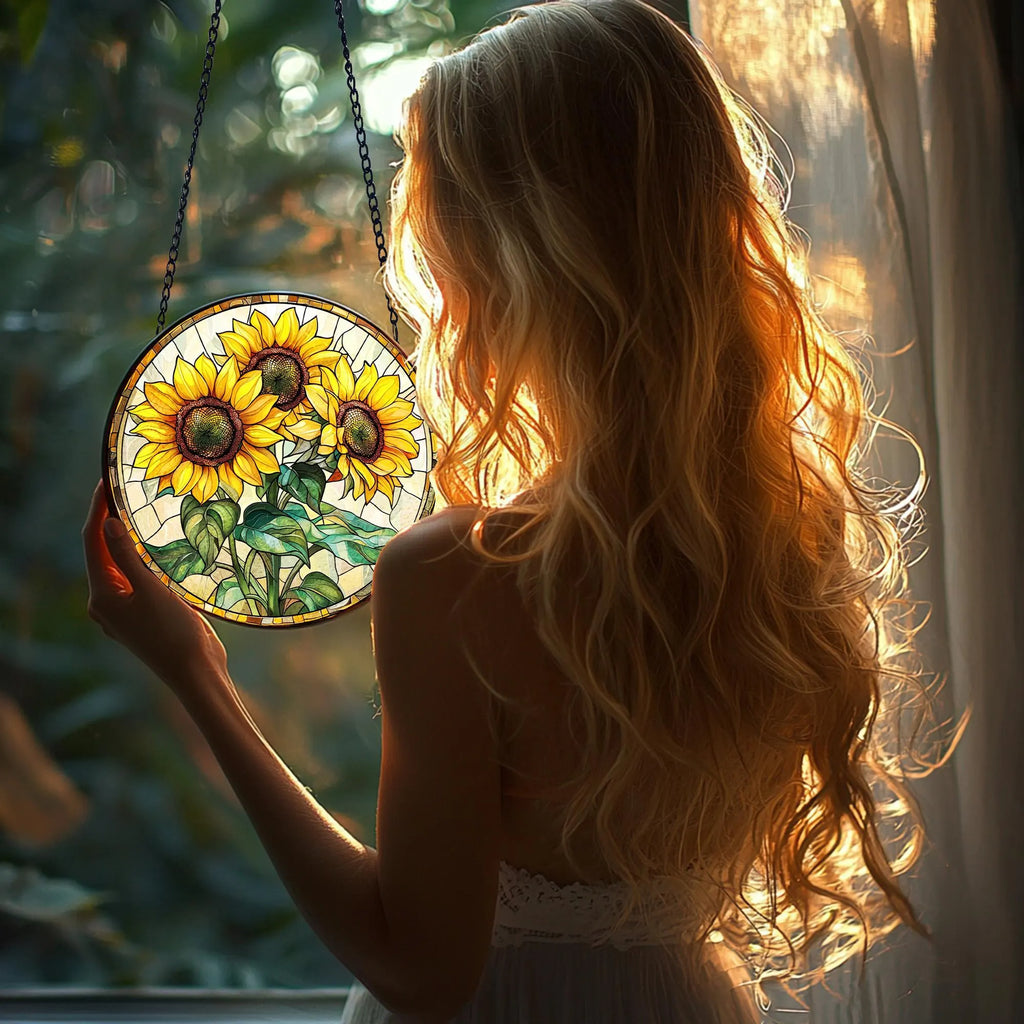 Handmade Sunflower Stained Glass Suncatcher_ Nature-inspired Window Decor, Handcrafted Stained Glass Suncatcher, Vibrant Window Art Panel, Sunlit Light Catcher Decoration, Boho Room Decor, Gift for Home Lovers