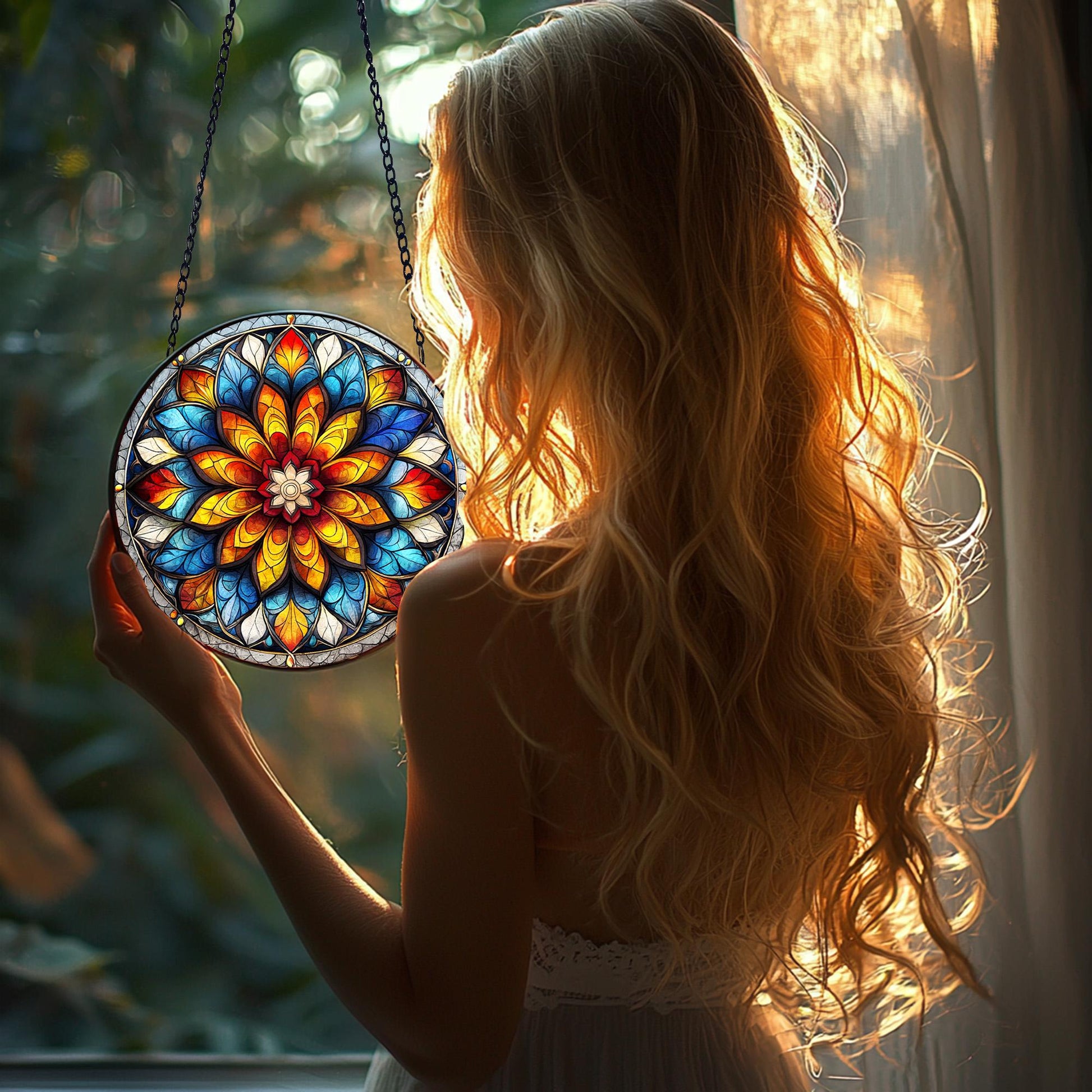 Handmade Mandala Suncatcher_ Painted Stained Glass Window Decor, Stained Glass Acrylic Suncatcher, Vibrant Window Hanging Art, Colorful Light Catcher Decor, Boho Window Ornament, Unique Home Gift